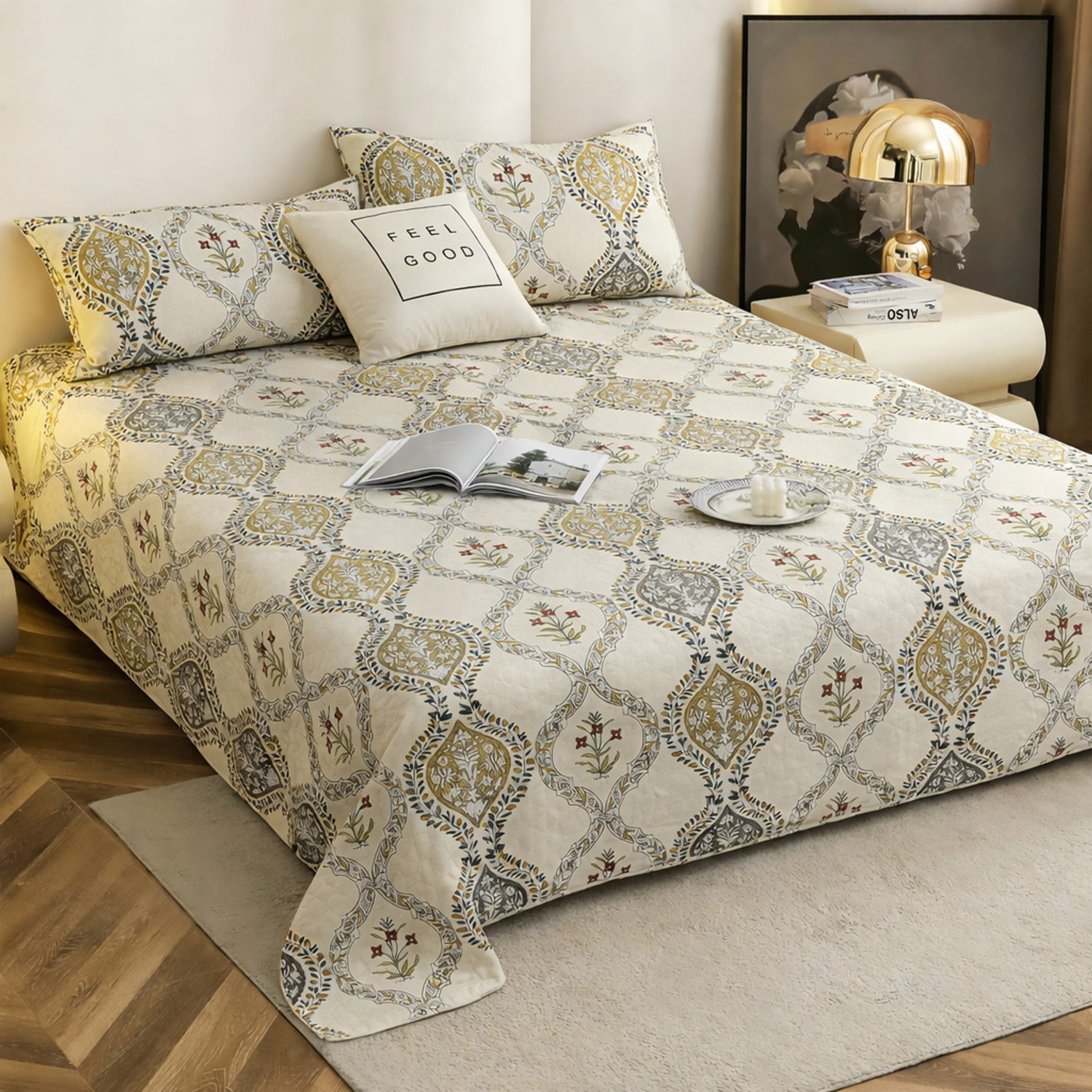 Image of EVERLUSH Cotton King Flat 300 TC Printed 1 Bedsheet with 2 Pillow Covers