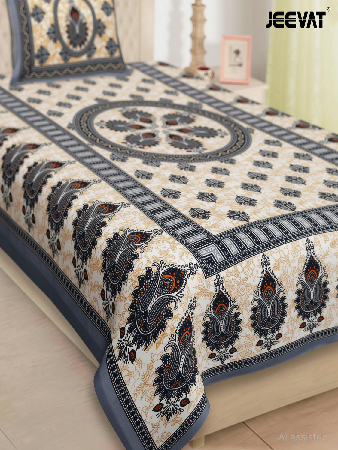 Image of Jeevat Cotton Single Flat 144 TC Jaipuri Prints 1 Bedsheet