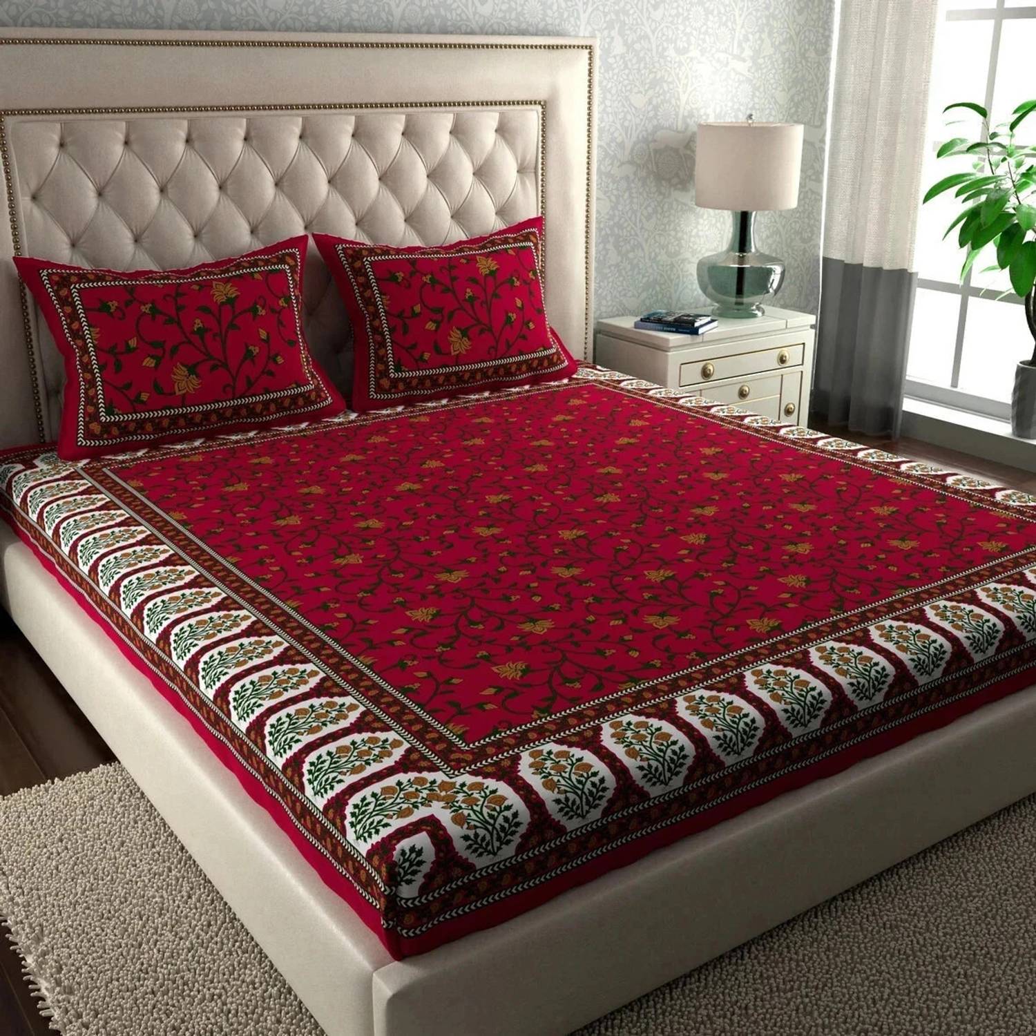 Cosito Cotton Double Flat 144 TC Printed 1 Bedsheet with 2 Pillow