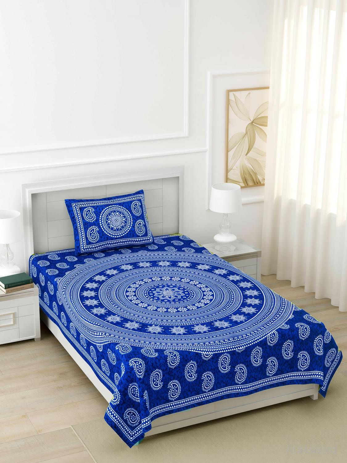 BharatLinen Cotton Single Flat 144 TC Jaipuri Prints 1 Summer Bedsheet
