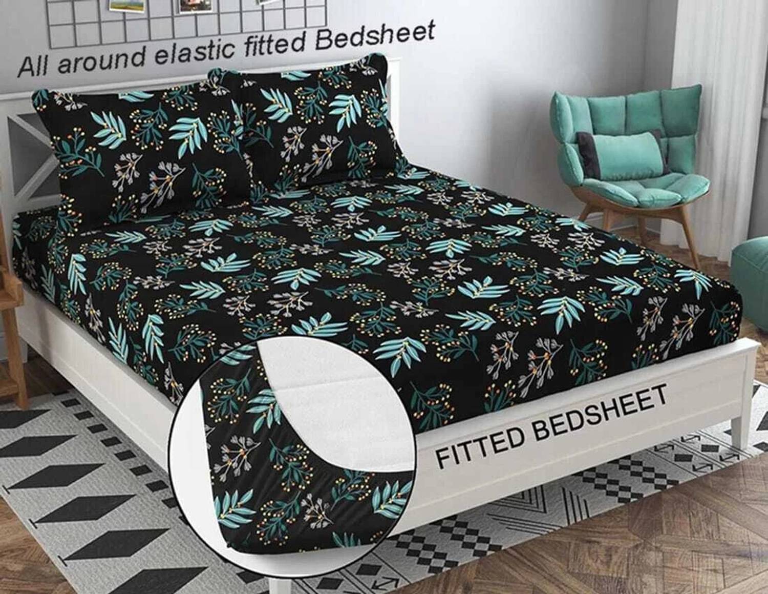 A11 M@LL Microfiber Double Fitted (Elastic) 200 TC Printed 1 Bedsheet with 2 Pillow Covers