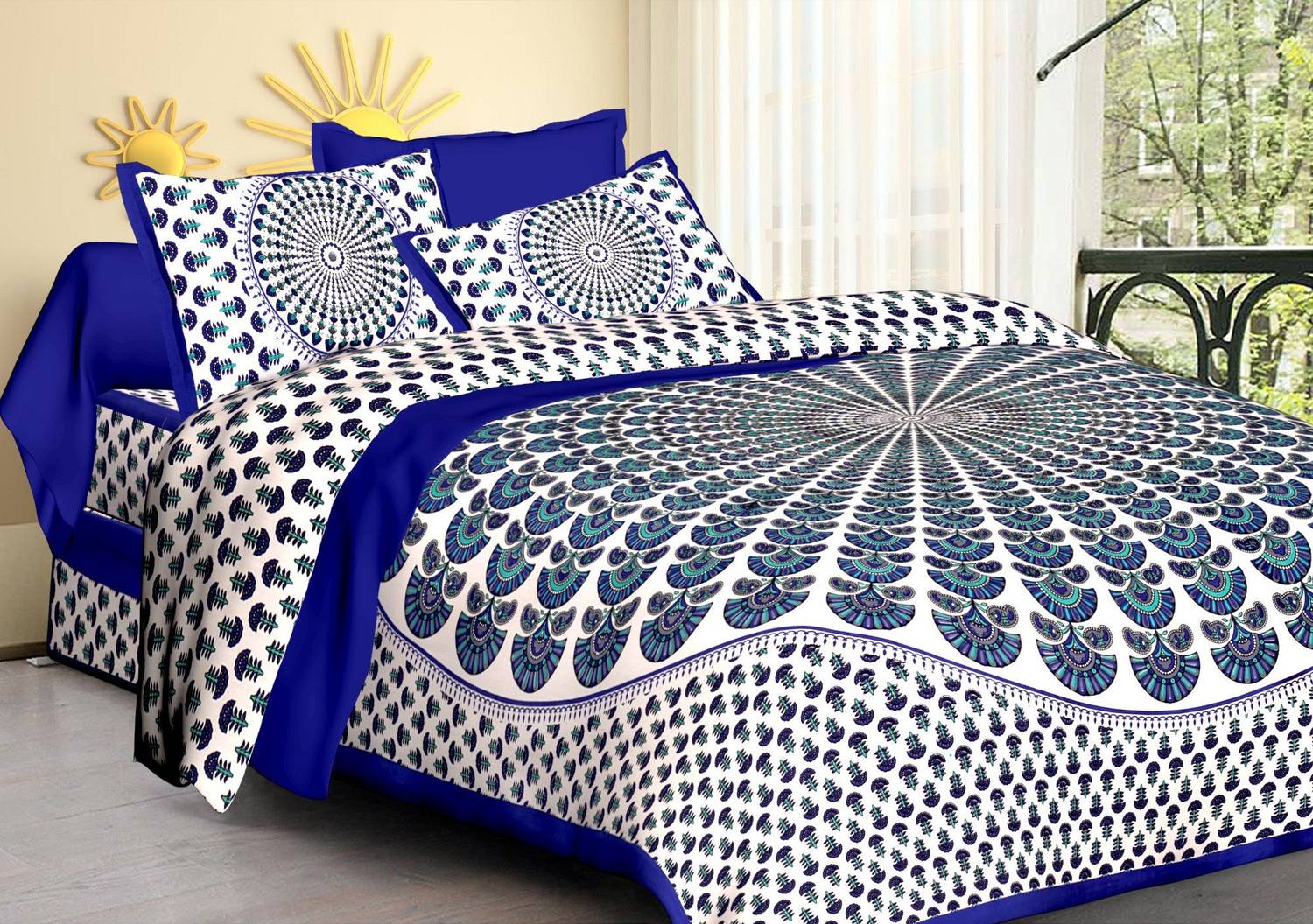CLOTHOLOGY Cotton Double Flat 144 TC Jaipuri Prints 1 Bedsheet wi