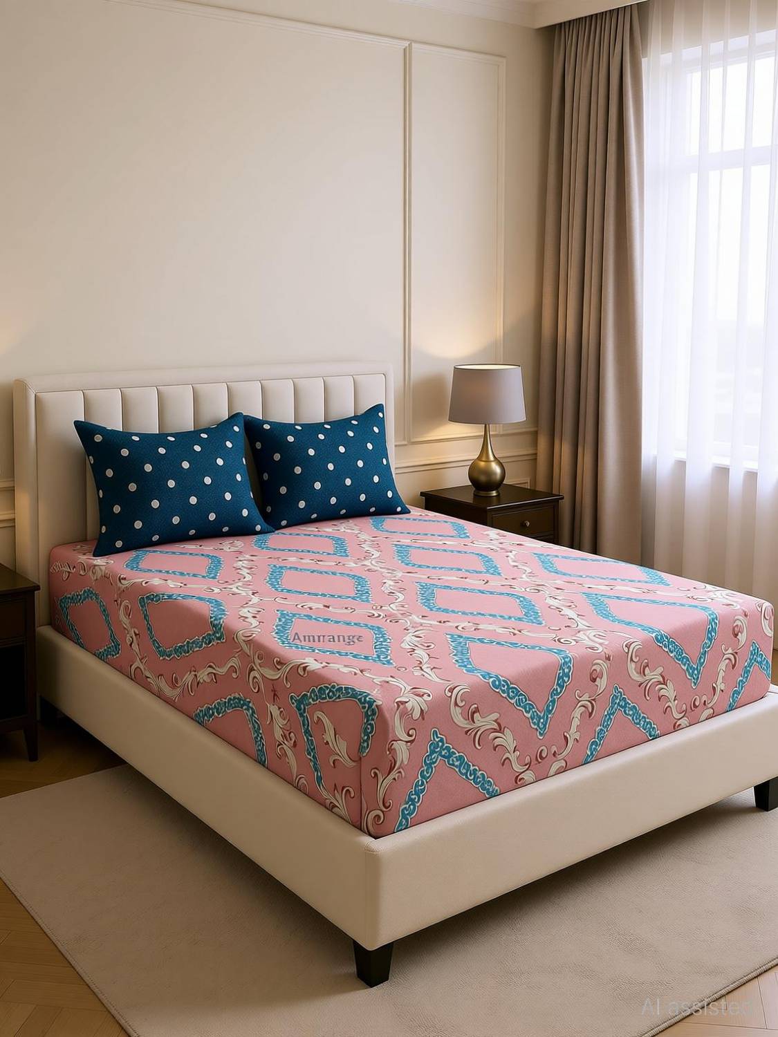 Amrange Cotton King Fitted (Elastic) 190 TC Floral 1 Bedsheet with 2 Pillow Covers