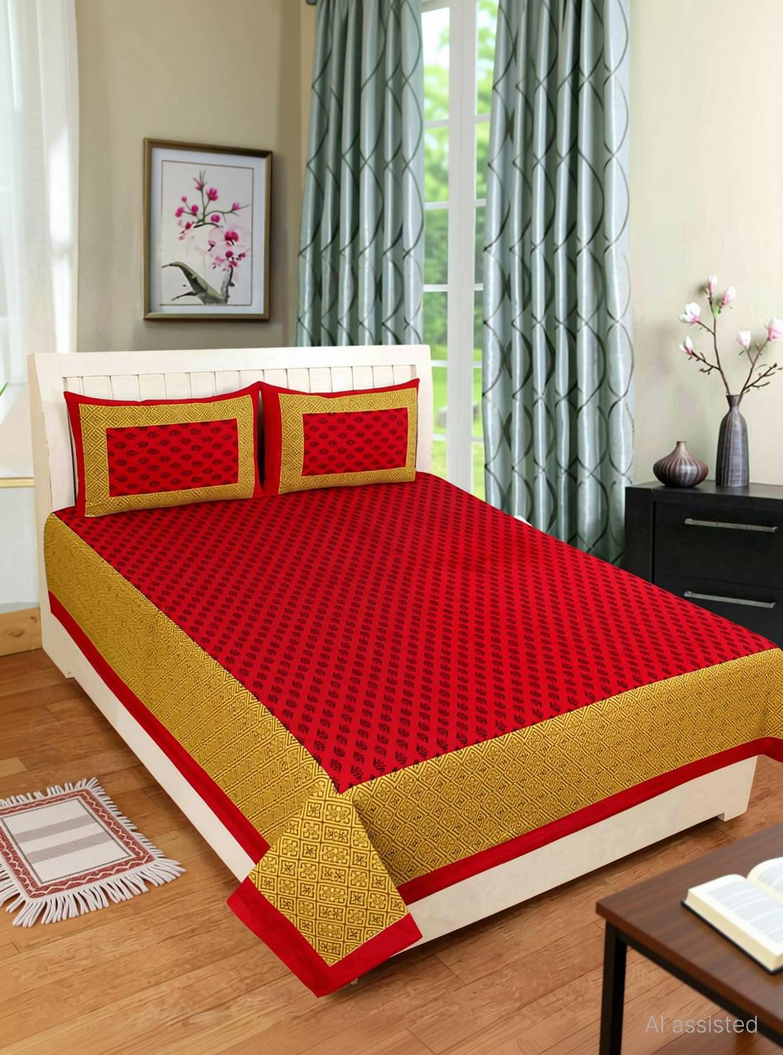 Aranatha Enterprises Cotton Double Flat 151 TC Floral 3 Bedsheets with 6 Pillow Covers