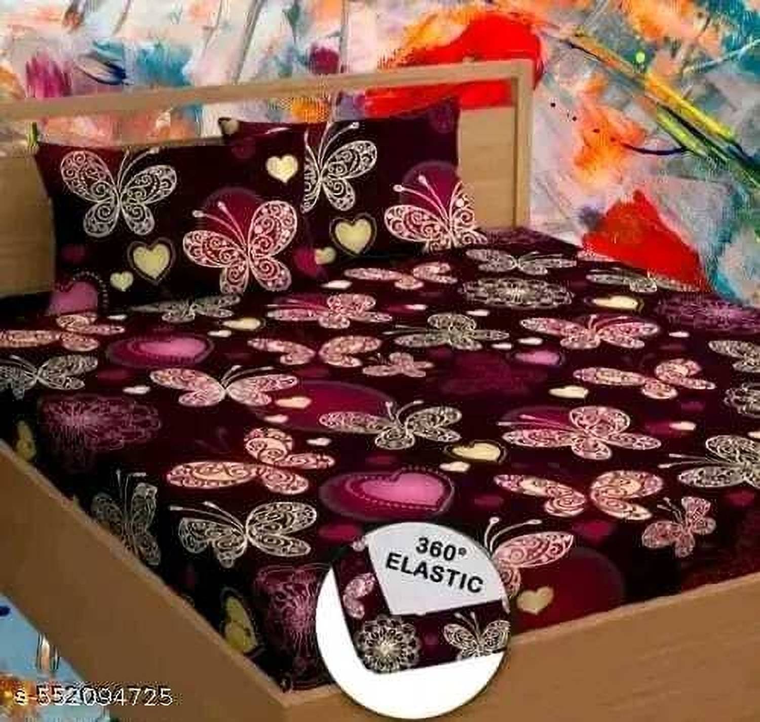 Bedsheat hub Cotton Double Fitted (Elastic) 320 TC Floral 1 Summer Bedsheet with 2 Pillow Covers