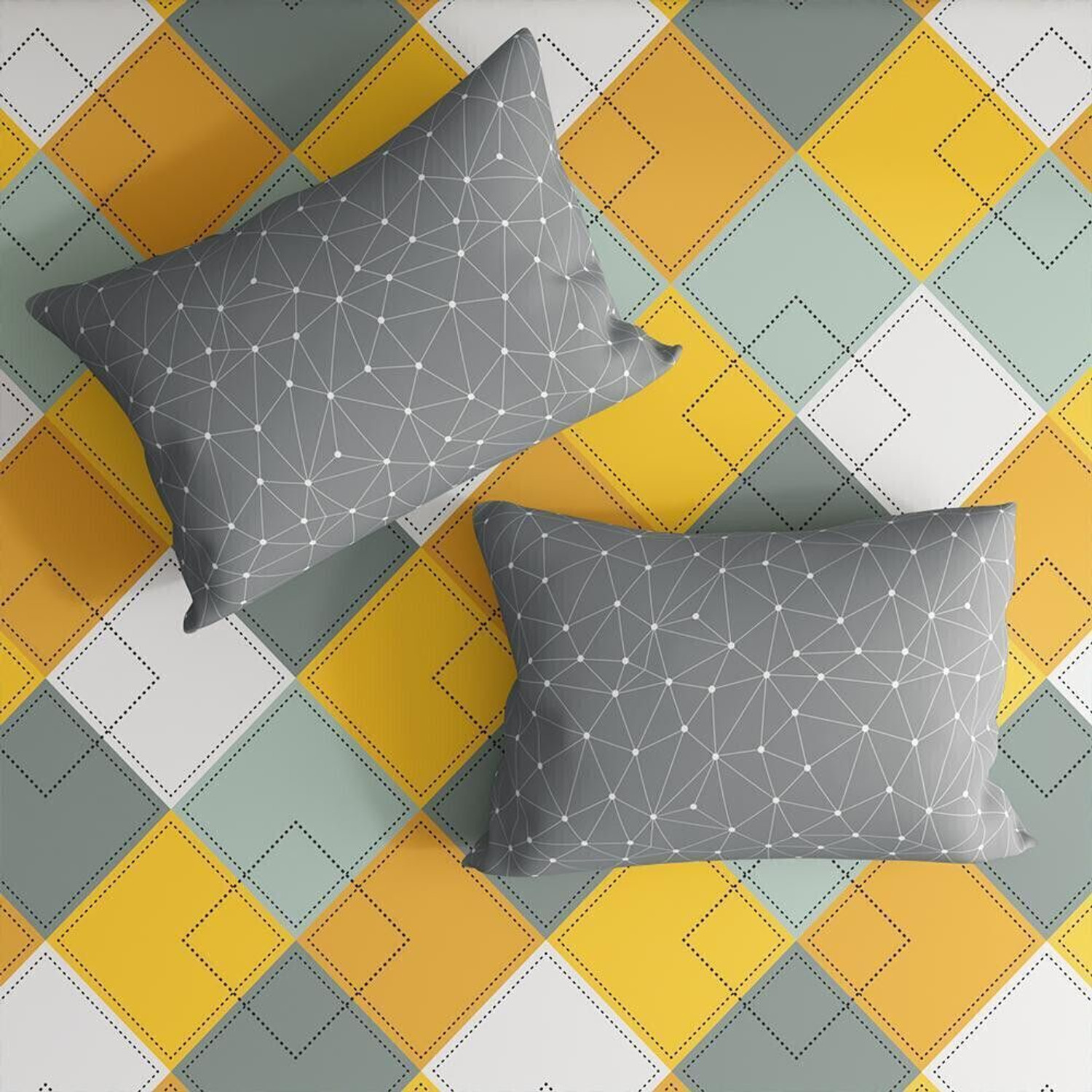 Image of Wakefit Cotton Queen Fitted (Elastic) 144 TC Checkered 1 Bedsheet with 2 Pillow Covers