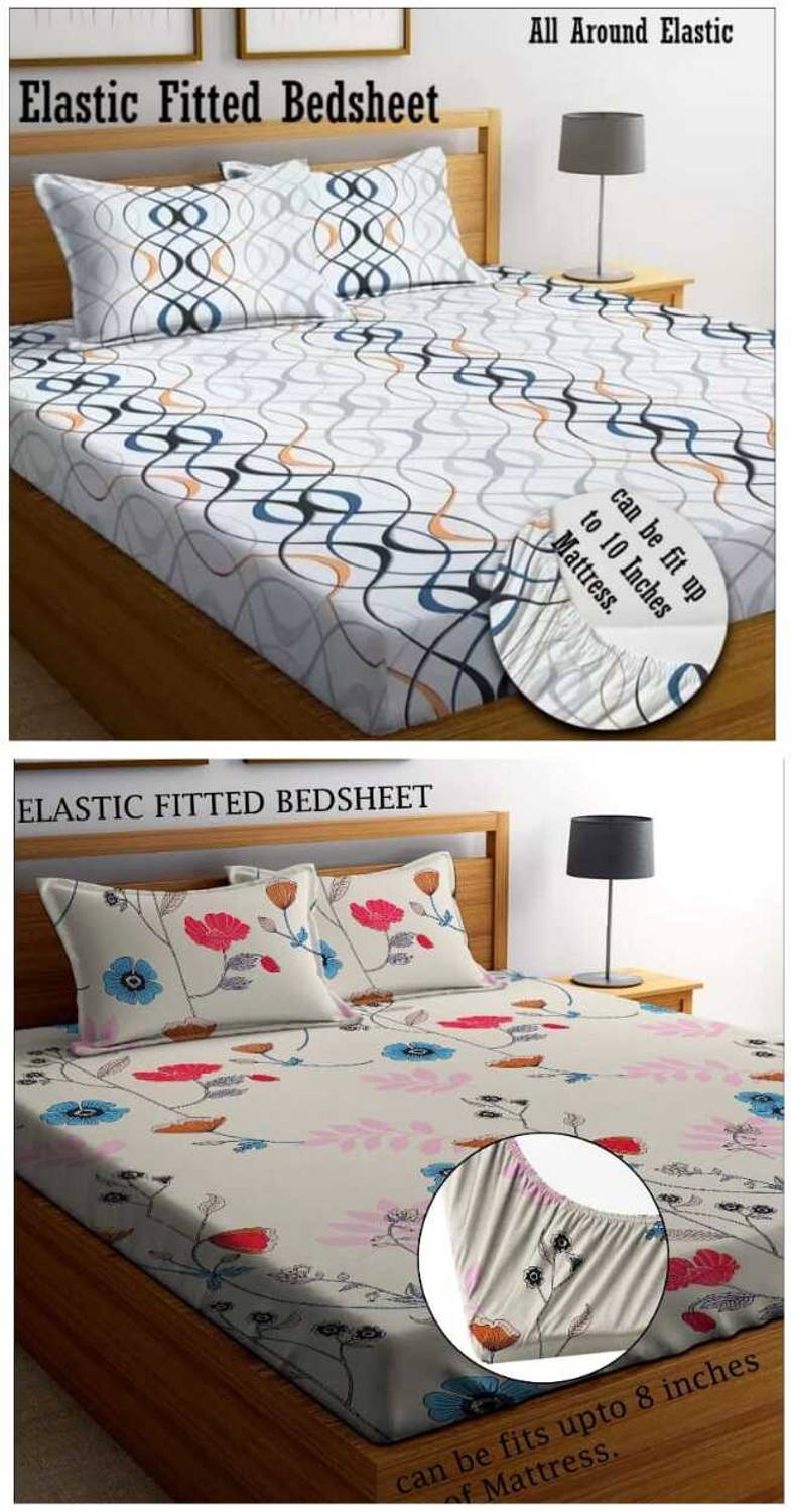 Amrange Cotton King Fitted (Elastic) 210 TC 3D Printed 2 Bedsheets with 4 Pillow Covers