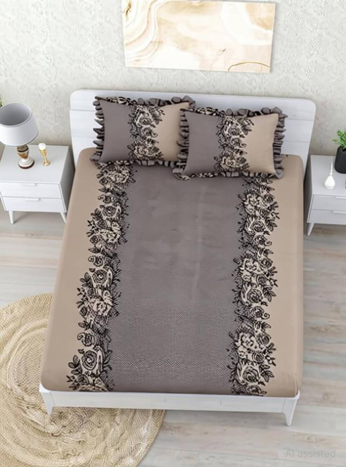 Adidev Cotton Double, King Fitted (Elastic) 270 TC Floral 1 Bedsheet with 2 Pillow Covers