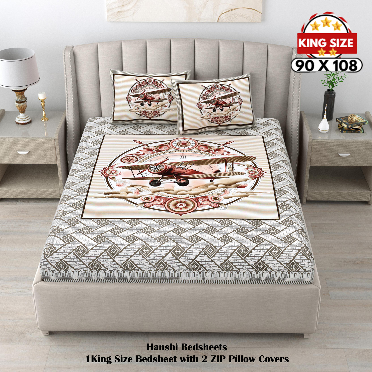 Image of HANSHI Cotton King Flat 260 TC Jaipuri Prints 1 Bedsheet with 2 Pillow Covers