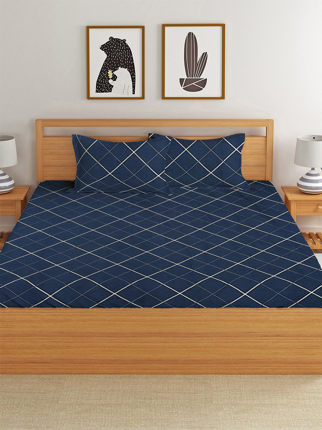 Image of ZYLLIX Cotton King Fitted (Elastic) 240 TC 3D Printed 1 Bedsheet with 2 Pillow Covers