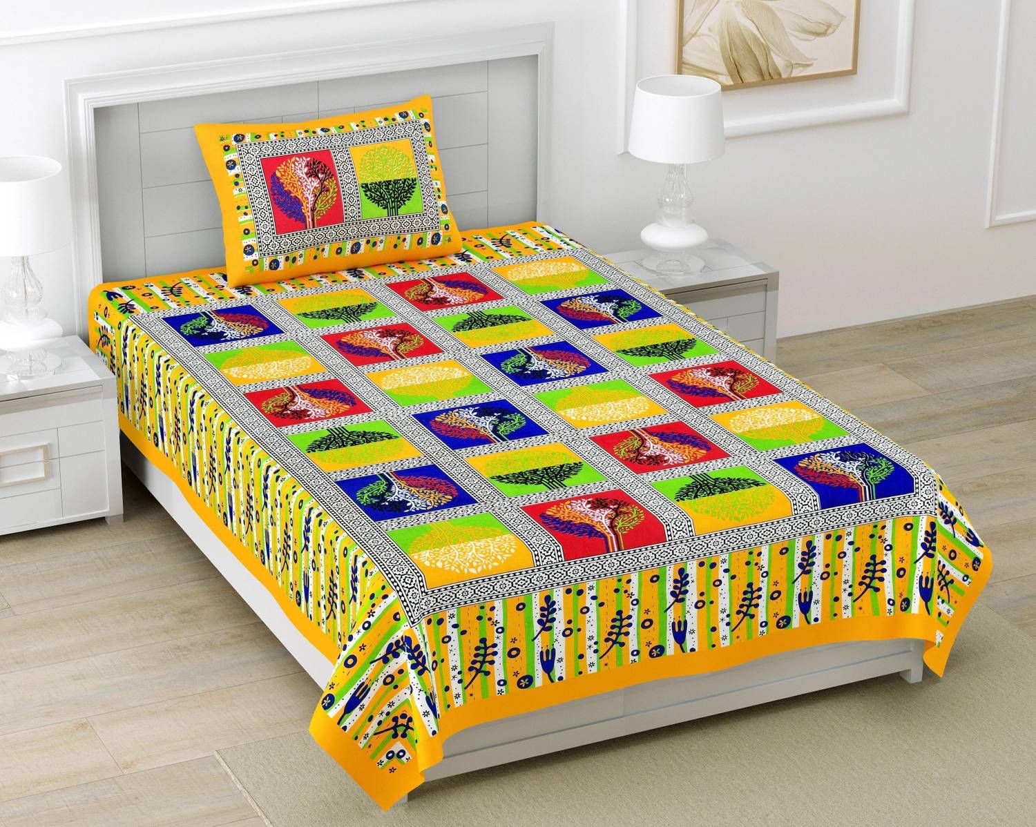 BharatLinen Cotton Single Flat 144 TC Jaipuri Prints 1 Summer Bedsheet