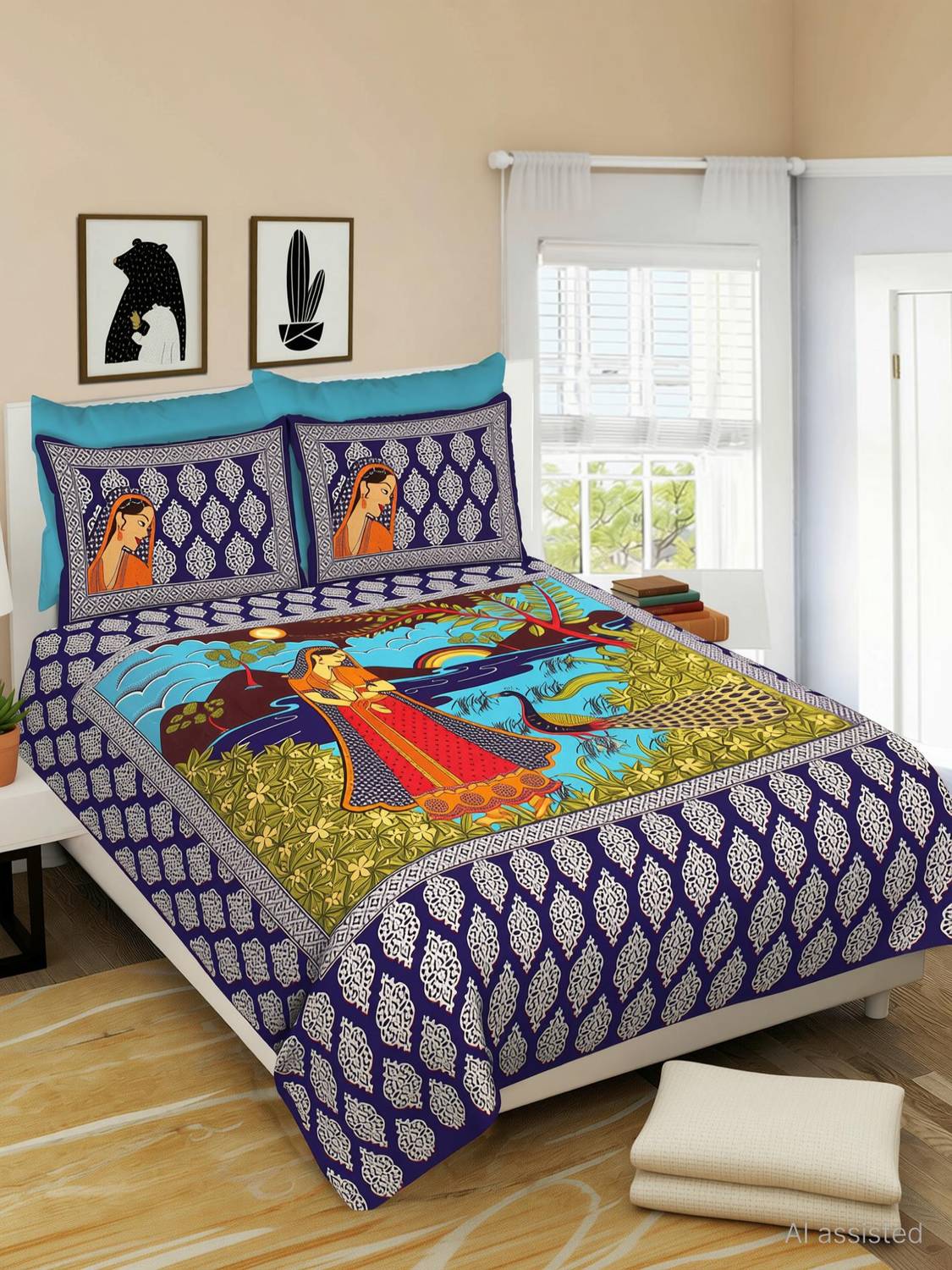 100% cotton bedsheet Cotton Double Flat 300 TC Printed 1 Bedsheet with 2 Pillow Covers