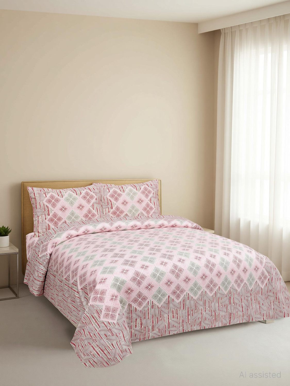 Image of Mafatlal Cotton Double Flat 144 TC Geometric 1 Bedsheet with 2 Pillow Covers