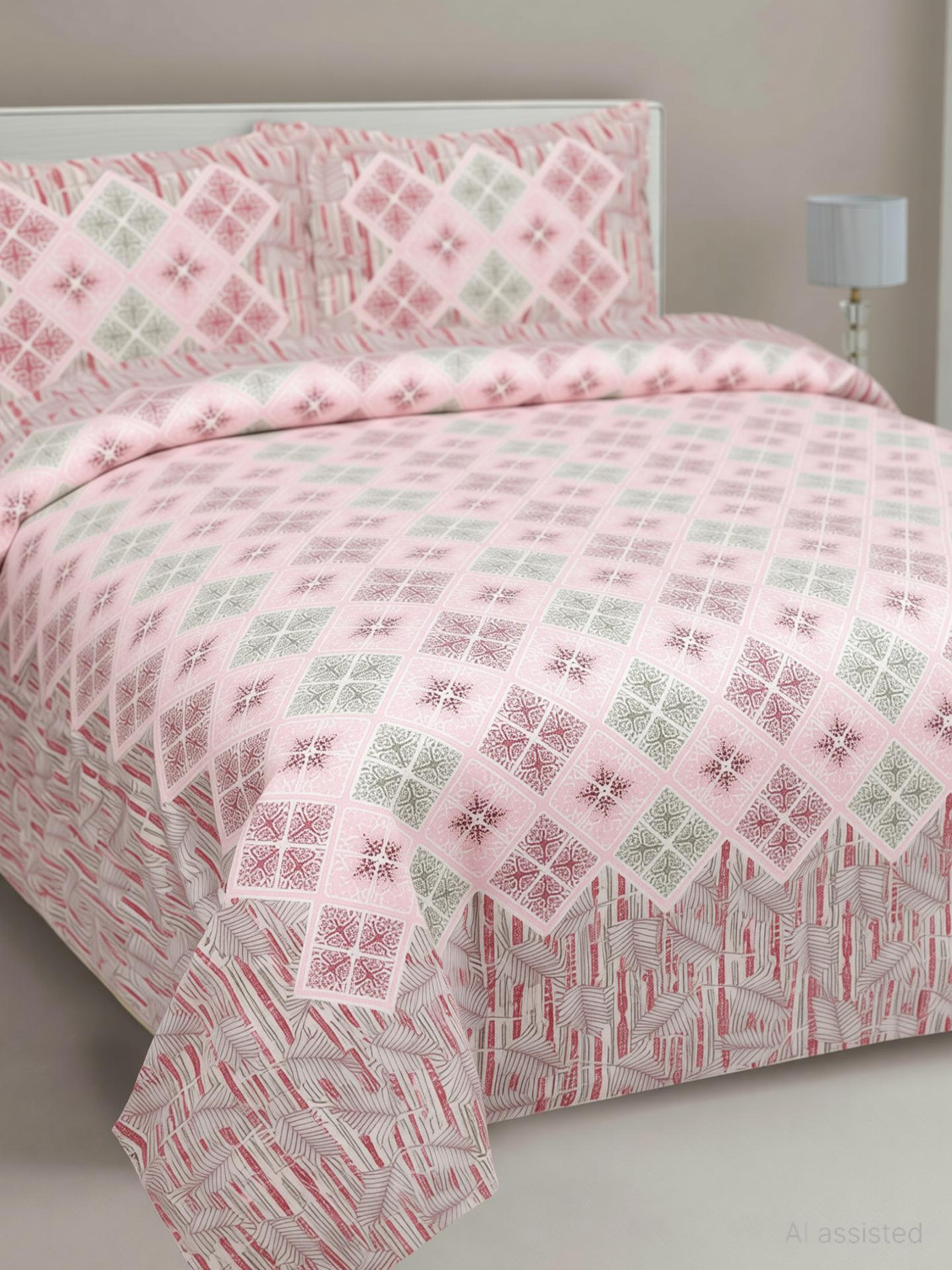 Image of Mafatlal Cotton Double Flat 144 TC Geometric 1 Bedsheet with 2 Pillow Covers