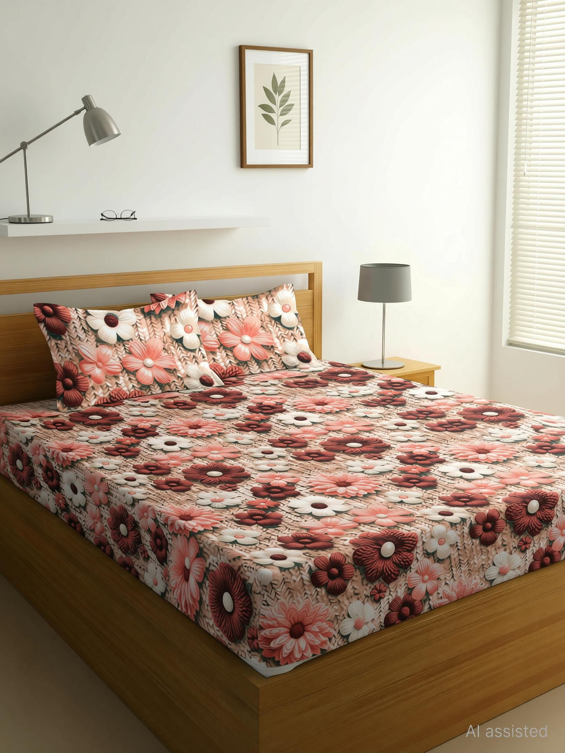 Image of Moonroof Cotton Double Fitted (Elastic) 244 TC Printed 1 Summer Bedsheet with 2 Pillow Covers