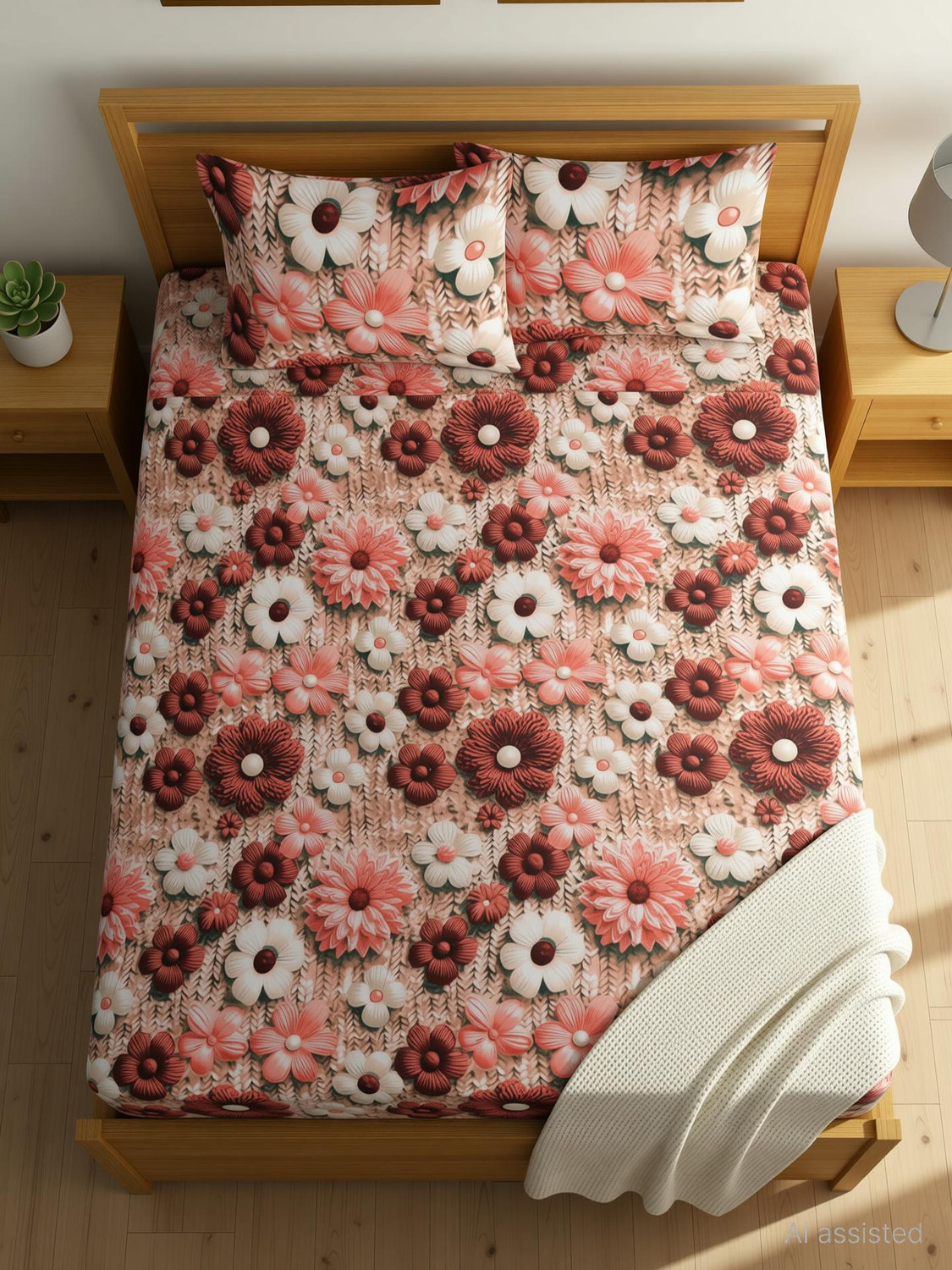 Image of Moonroof Cotton Double Fitted (Elastic) 244 TC Printed 1 Summer Bedsheet with 2 Pillow Covers