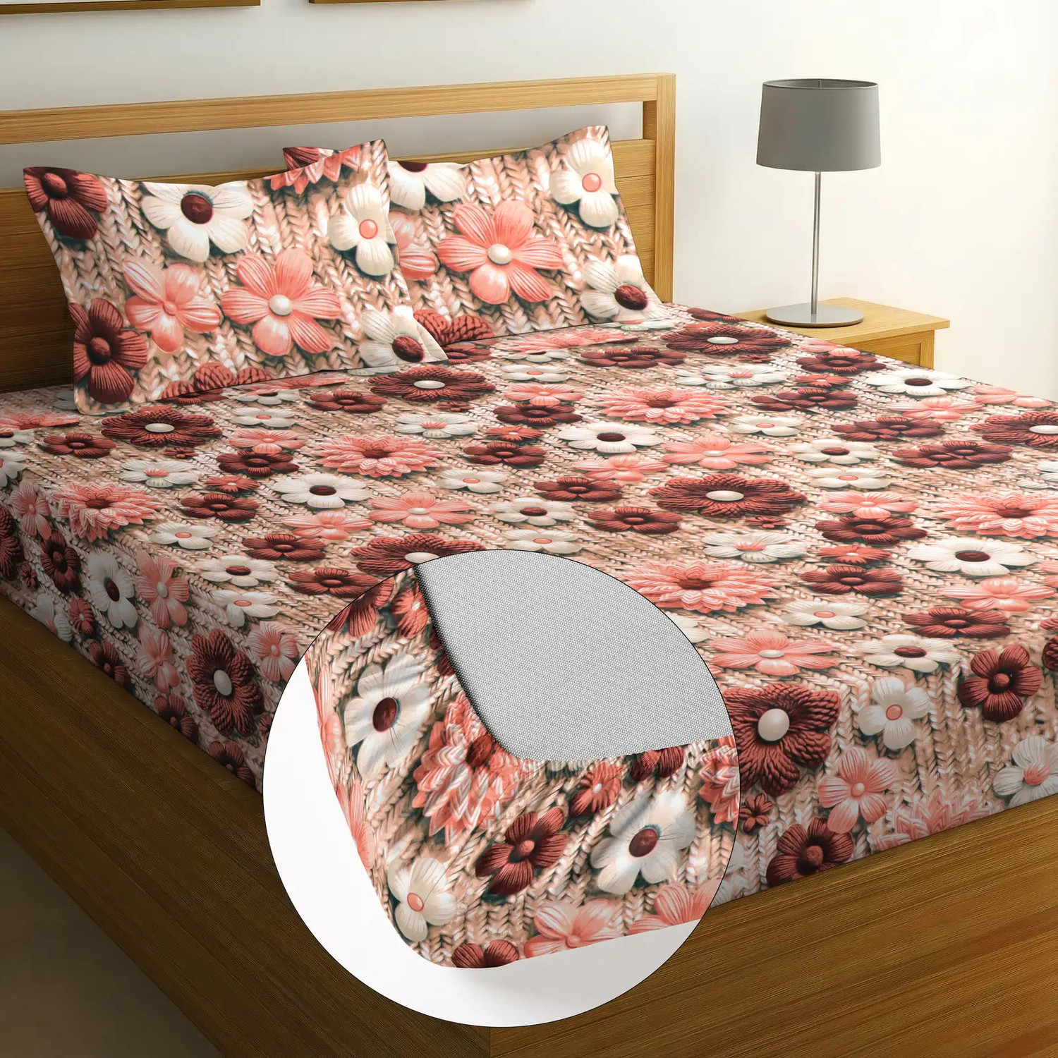 Image of Moonroof Cotton Double Fitted (Elastic) 244 TC Printed 1 Summer Bedsheet with 2 Pillow Covers