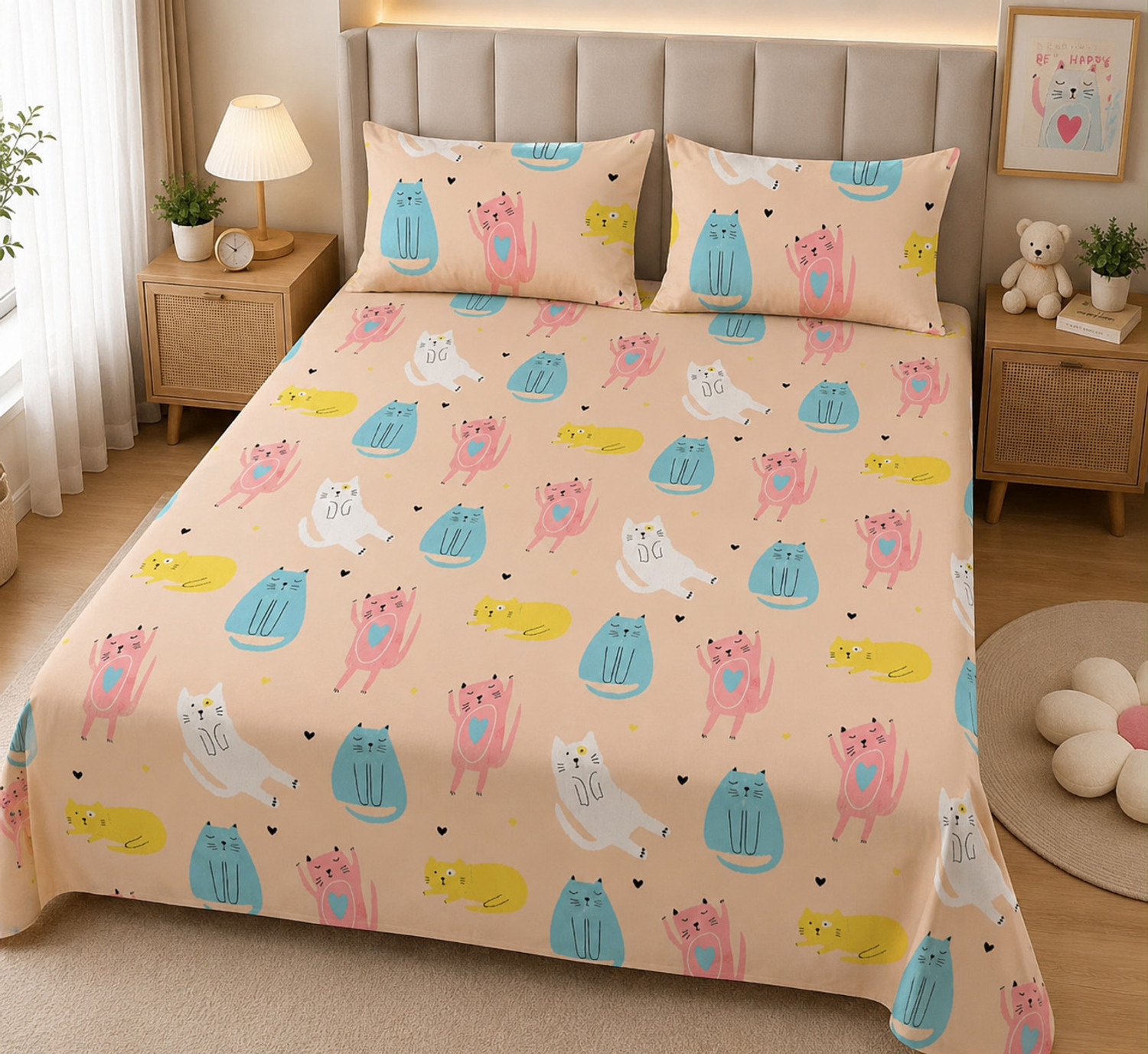 Image of New leaf Cotton Double Flat 220 TC Cartoon 1 Bedsheet with 2 Pillow Covers (Pink)