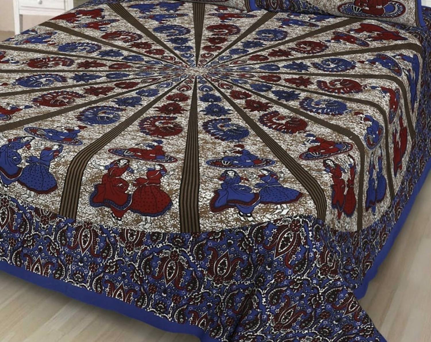 RAMOLI Cotton Double Flat 144 TC Jaipuri Prints 1 Bedsheet with 2