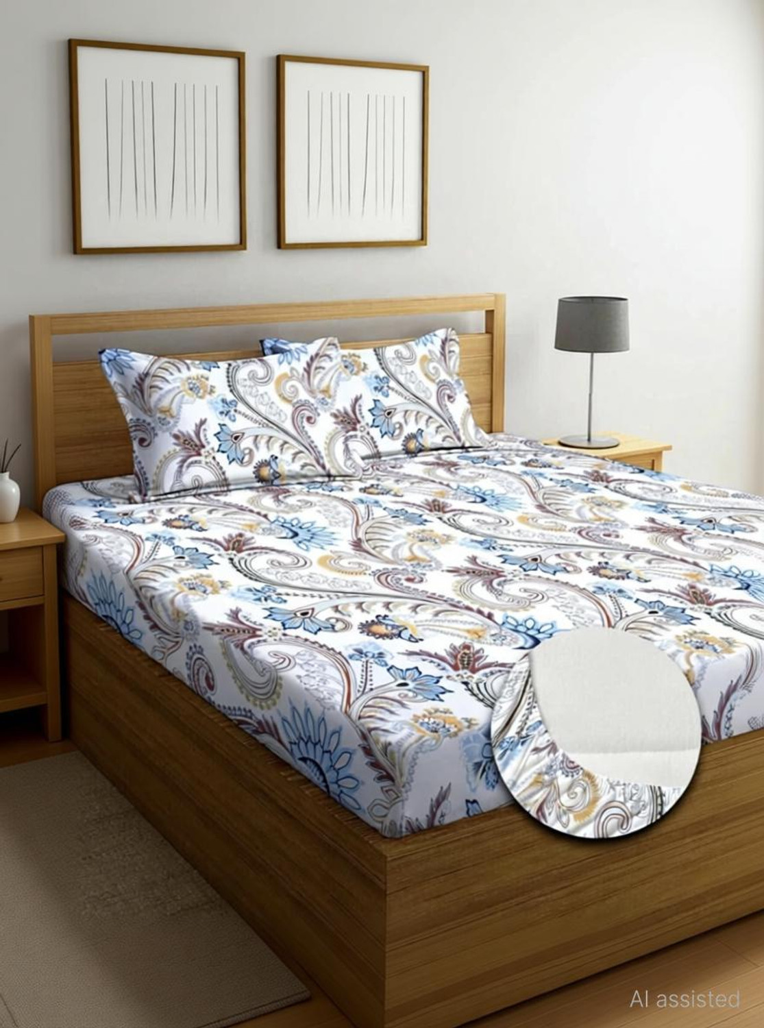 Image of KURRY HOME FURNISHING Microfiber Double Fitted (Elastic) 250 TC Floral 1 Bedsheet with 2 Pillow Covers