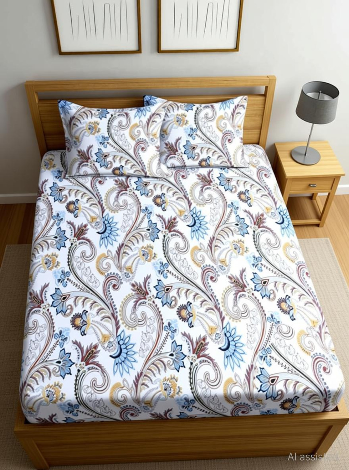 Image of KURRY HOME FURNISHING Microfiber Double Fitted (Elastic) 250 TC Floral 1 Bedsheet with 2 Pillow Covers