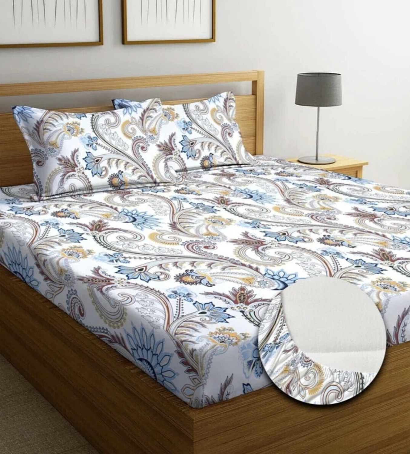 Image of KURRY HOME FURNISHING Microfiber Double Fitted (Elastic) 250 TC Floral 1 Bedsheet with 2 Pillow Covers
