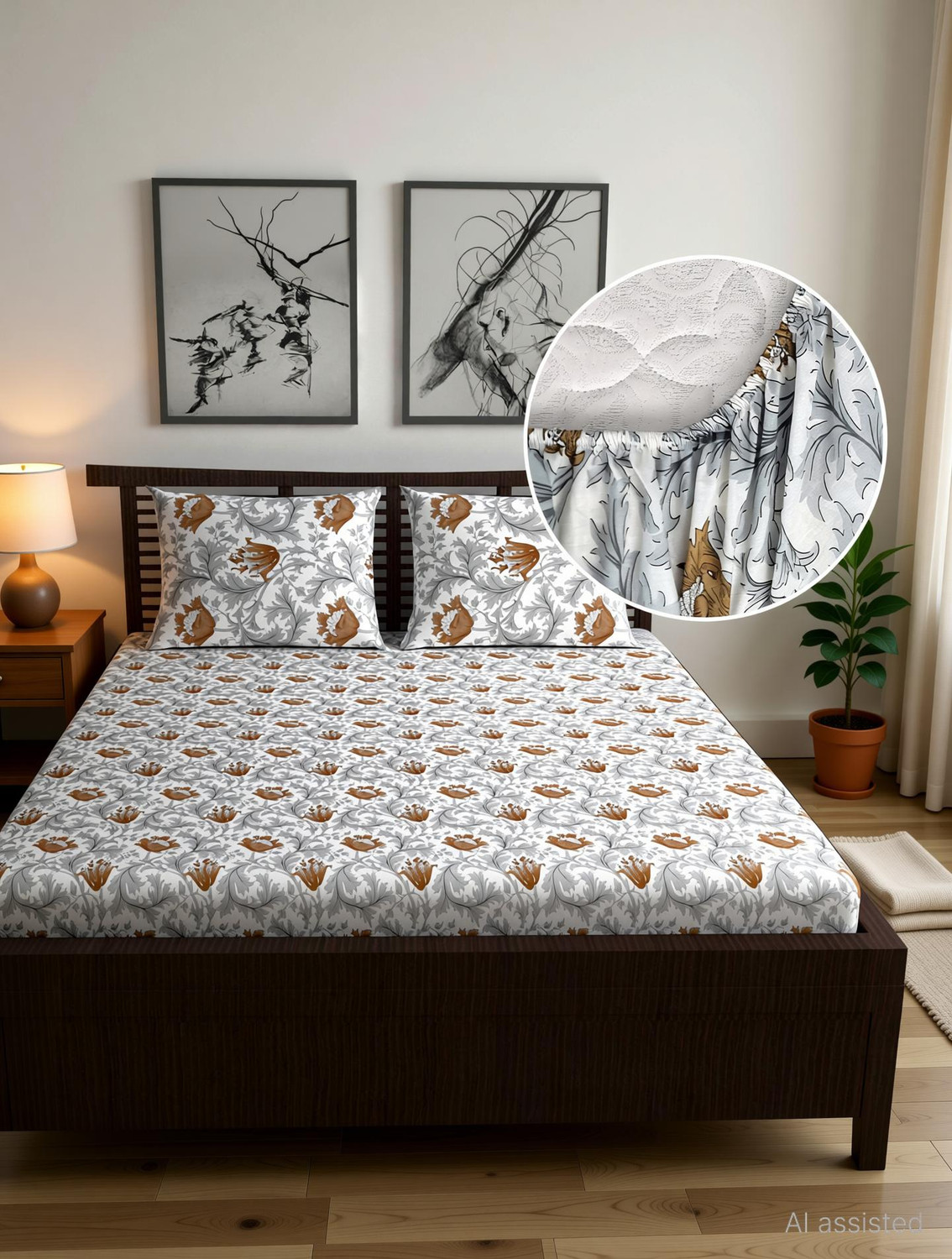 Image of Divine Casa Cotton Double Fitted (Elastic) 144 TC Floral 1 Bedsheet with 2 Pillow Covers