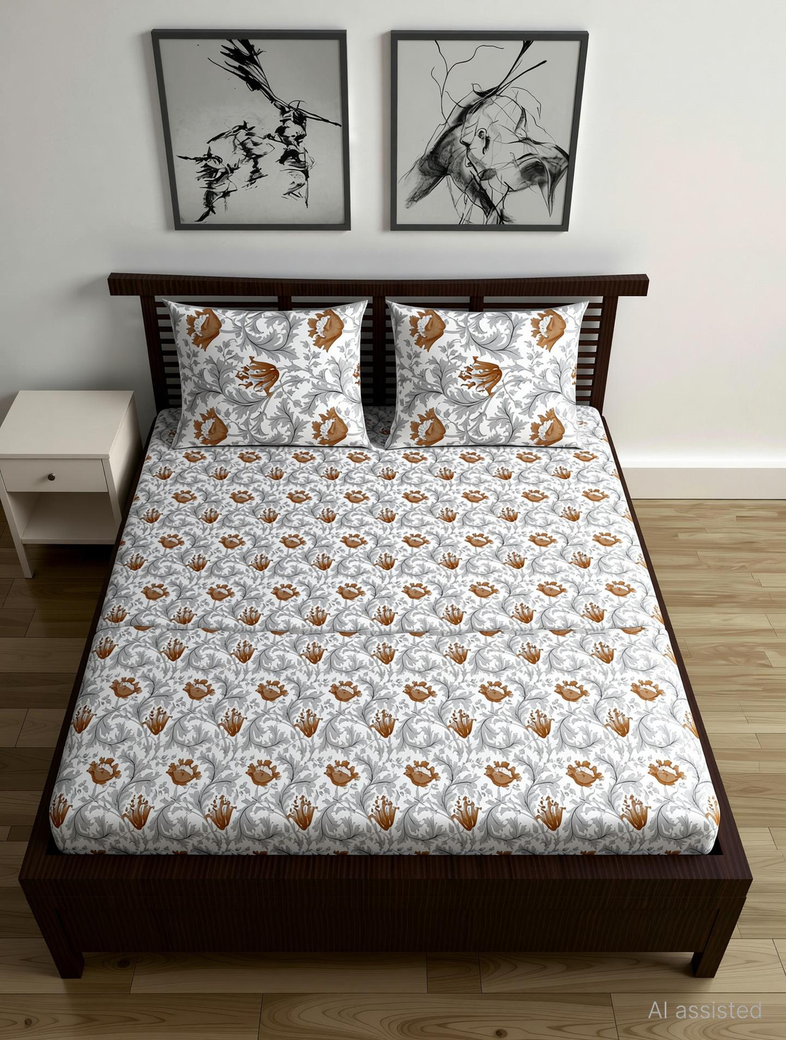 Image of Divine Casa Cotton Double Fitted (Elastic) 144 TC Floral 1 Bedsheet with 2 Pillow Covers