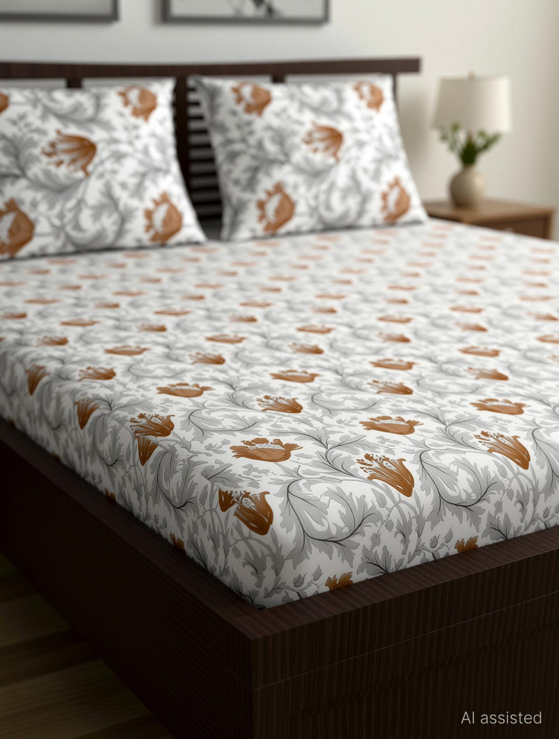 Image of Divine Casa Cotton Double Fitted (Elastic) 144 TC Floral 1 Bedsheet with 2 Pillow Covers