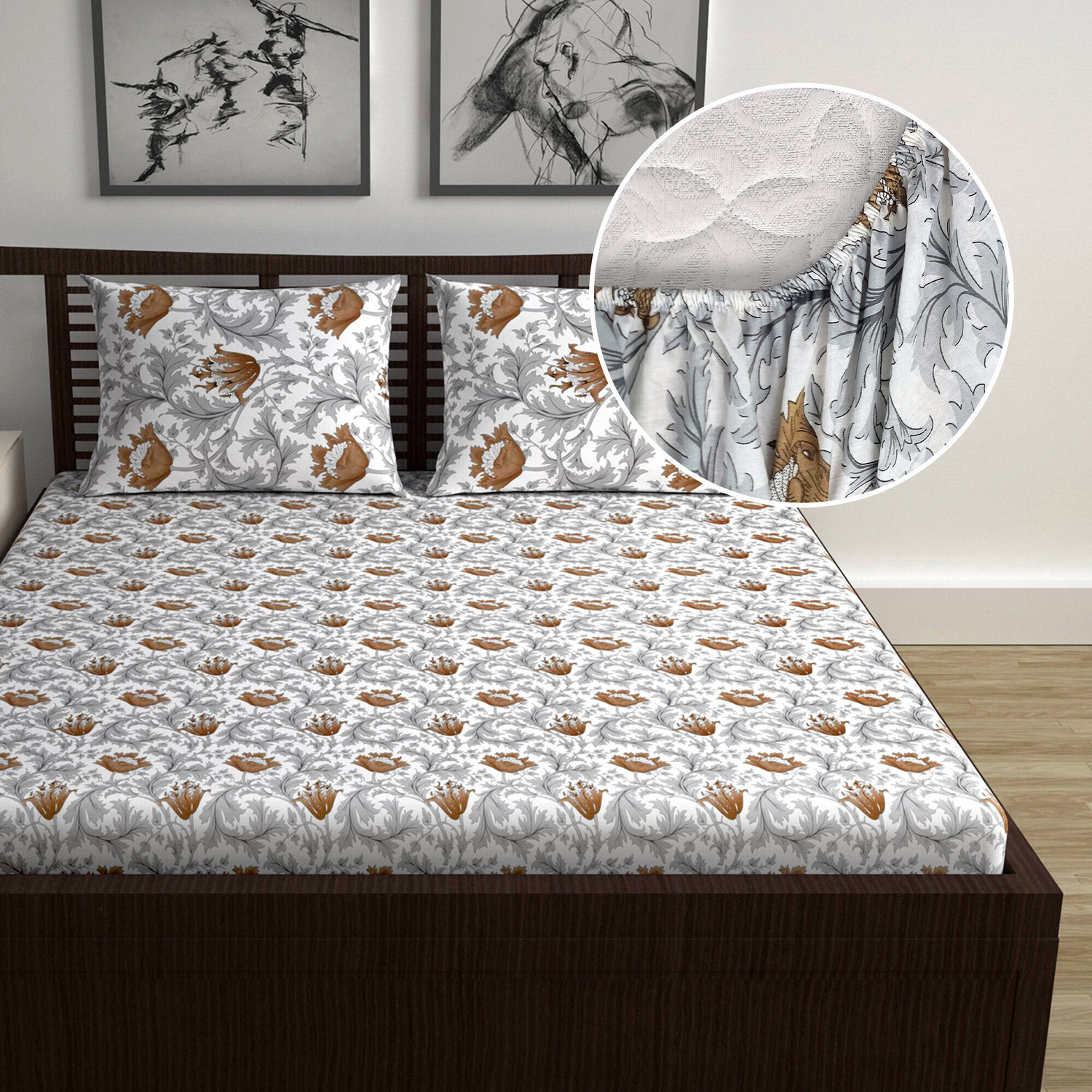 Image of Divine Casa Cotton Double Fitted (Elastic) 144 TC Floral 1 Bedsheet with 2 Pillow Covers