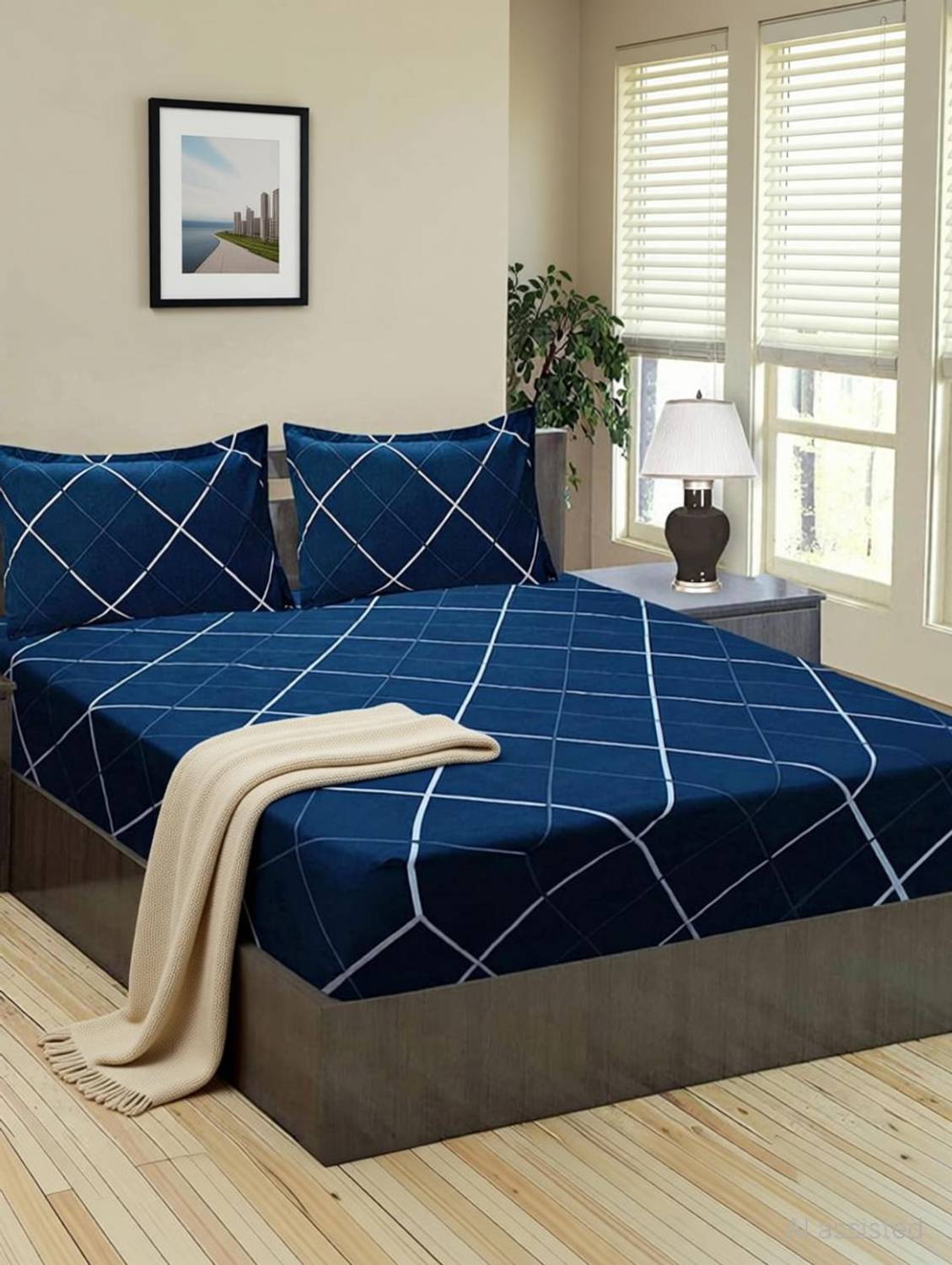 Amrange Cotton Double Fitted (Elastic) 160 TC 3D Printed 1 Bedsheet with 2 Pillow Covers