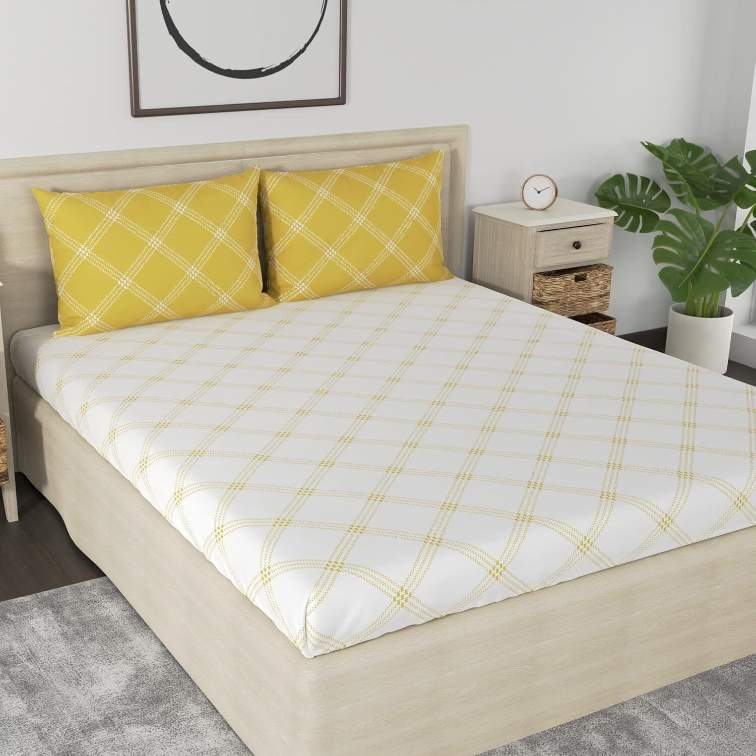 Image of Huesland Cotton King Fitted (Elastic) 210 TC Geometric 1 Bedsheet with 2 Pillow Covers