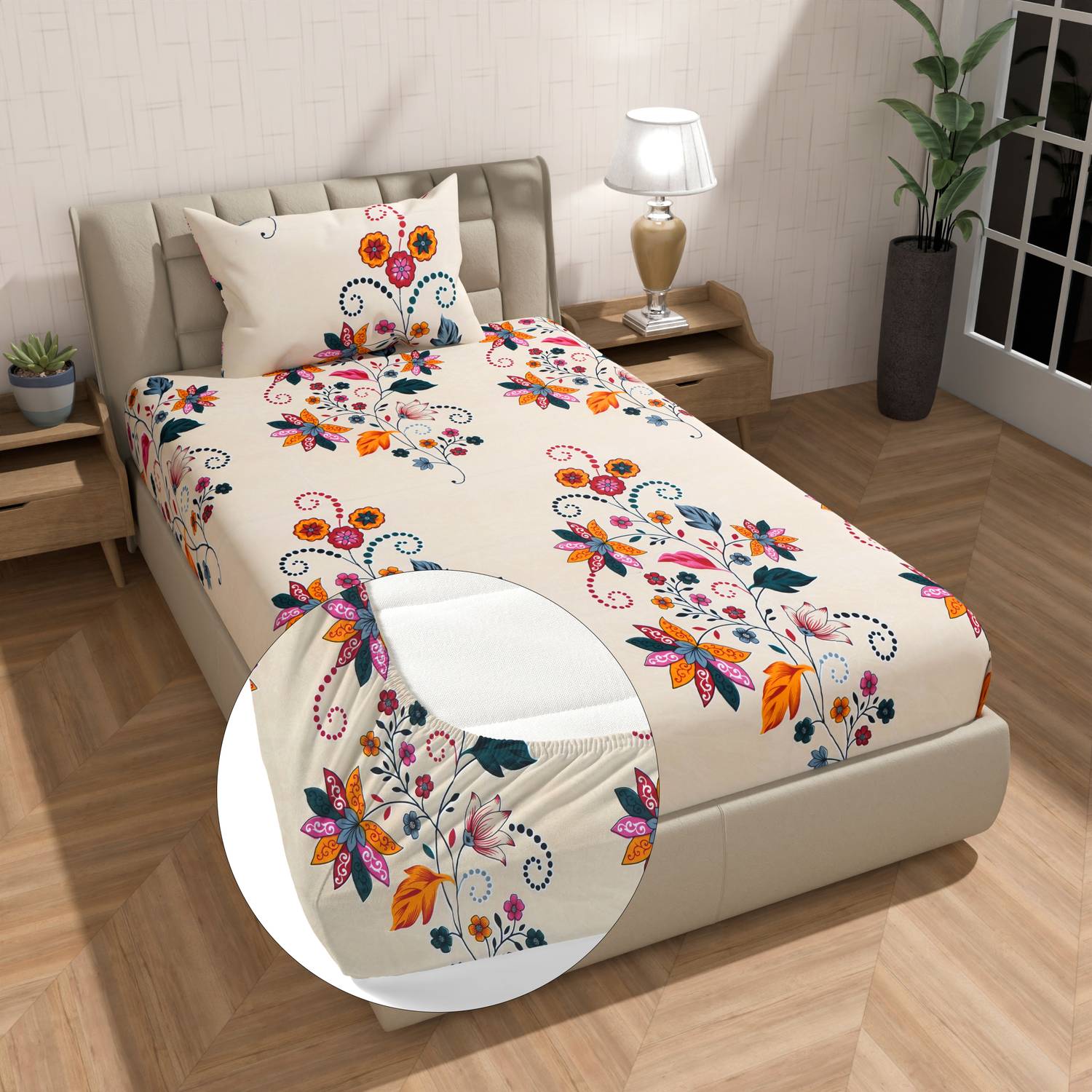 BeddingZone Cotton Single Fitted (Elastic) 300 TC Floral 1 Bedsheet with 2 Pillow Covers