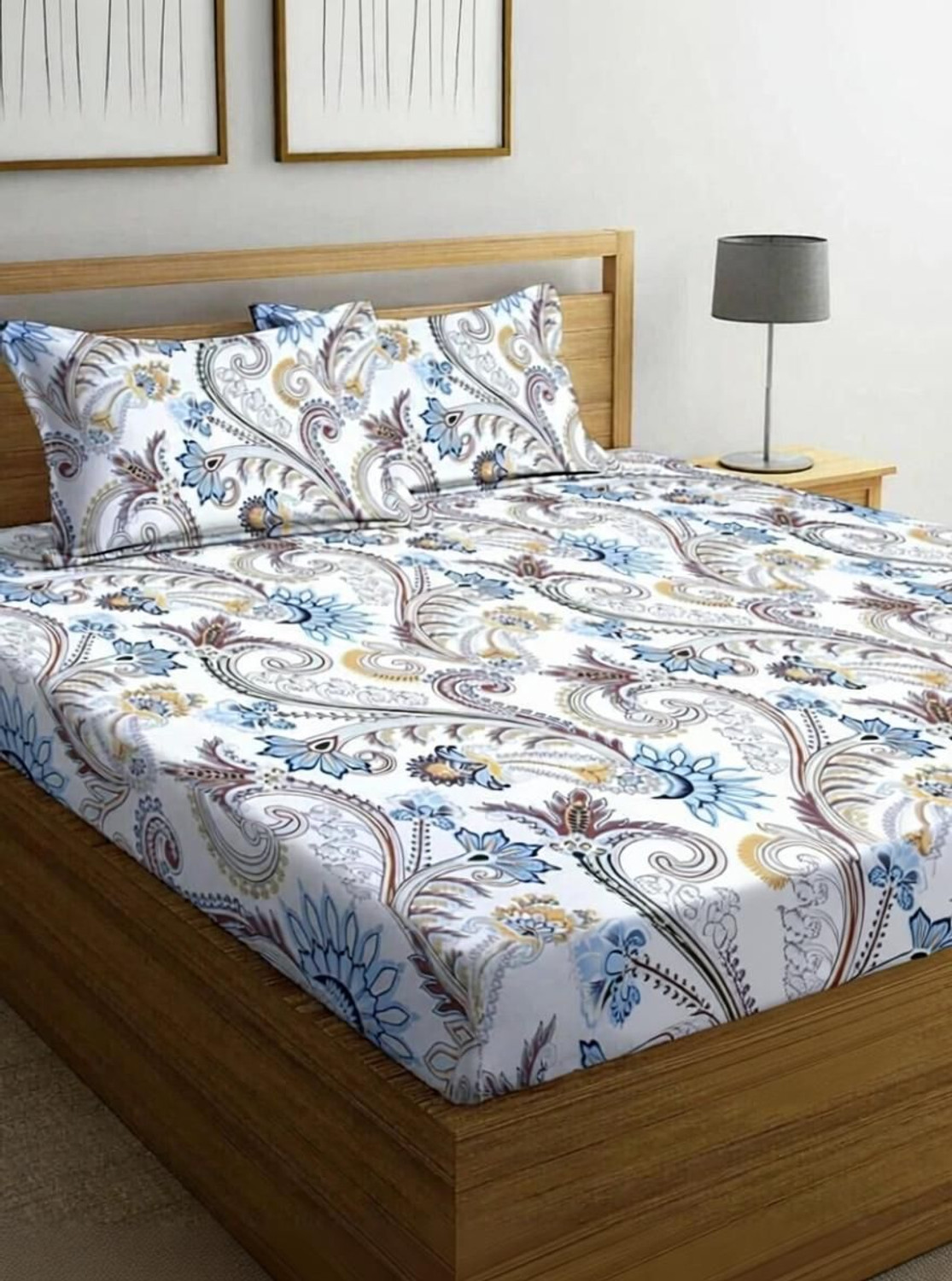 Image of KURRY HOME FURNISHING Microfiber Double Fitted (Elastic) 250 TC Floral 1 Bedsheet with 2 Pillow Covers