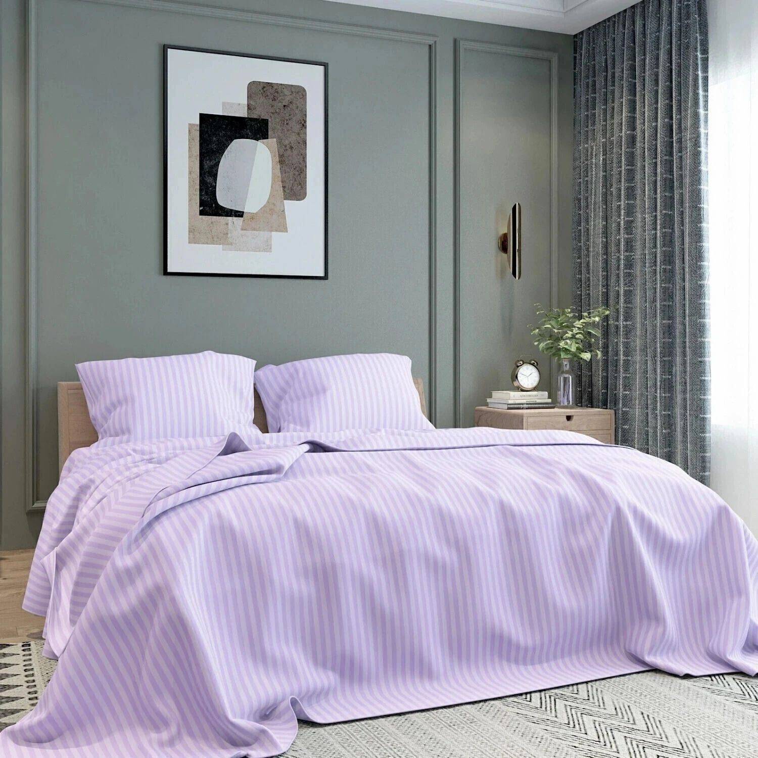 BELVOSTUM Microfiber Double Flat 280 TC Striped 1 Bedsheet with 2
