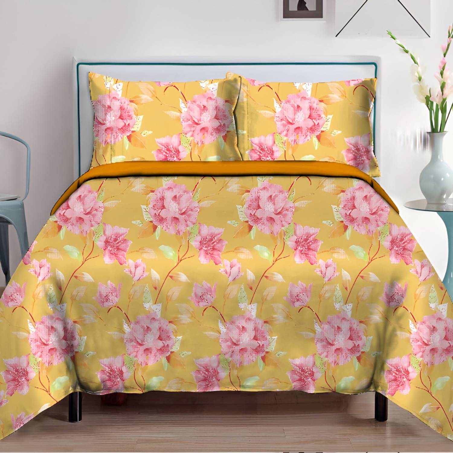 Blossoms Cotton Queen Flat 144 TC Floral 1 Bedsheet with 2 Pillow Covers
