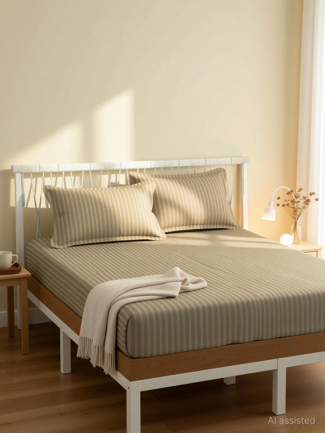 Image of Home Stylish Polycotton Double Flat 240 TC Striped 1 Bedsheet with 2 Pillow Covers