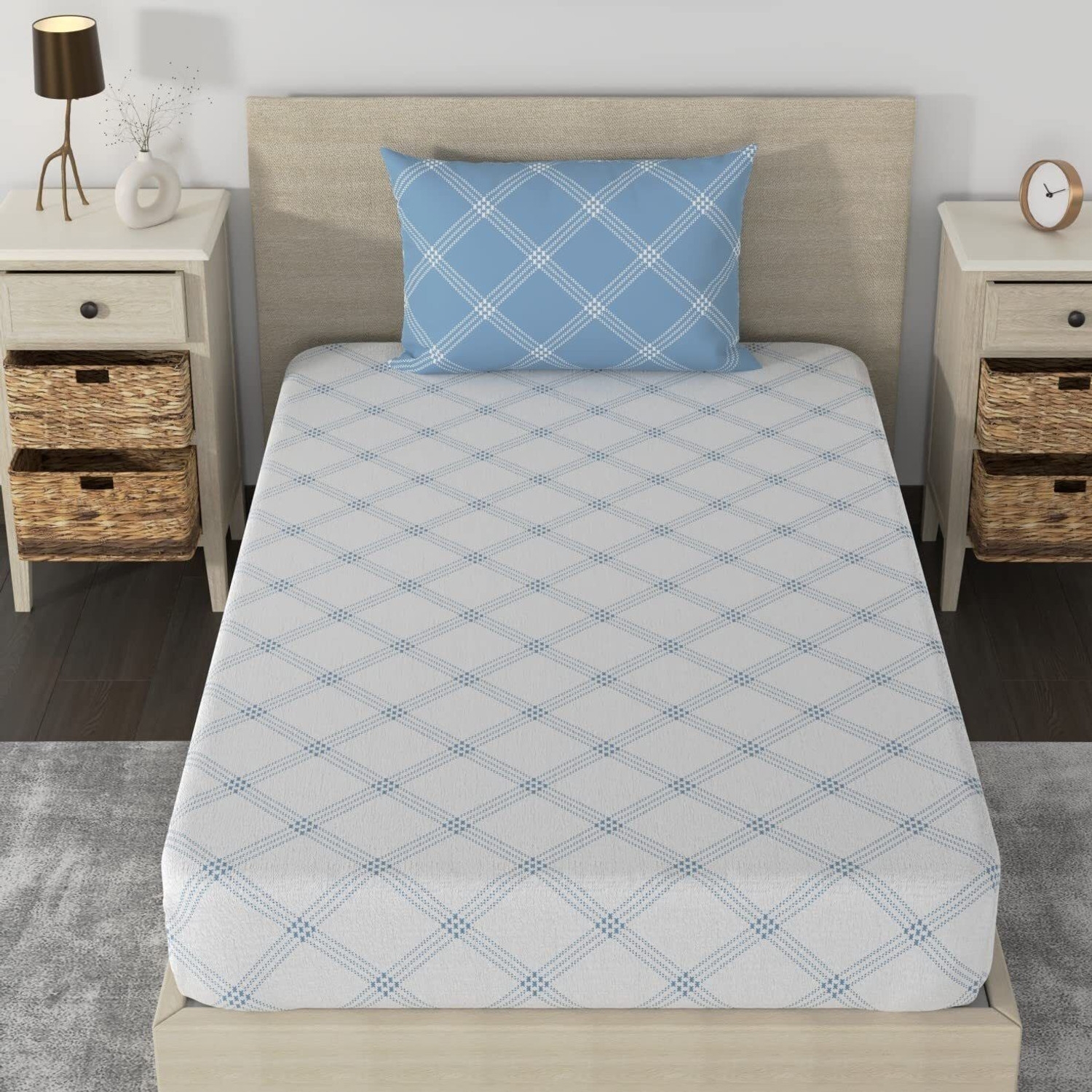 Image of Huesland Cotton Single Fitted (Elastic) 210 TC Geometric 1 Bedsheet with 2 Pillow Covers