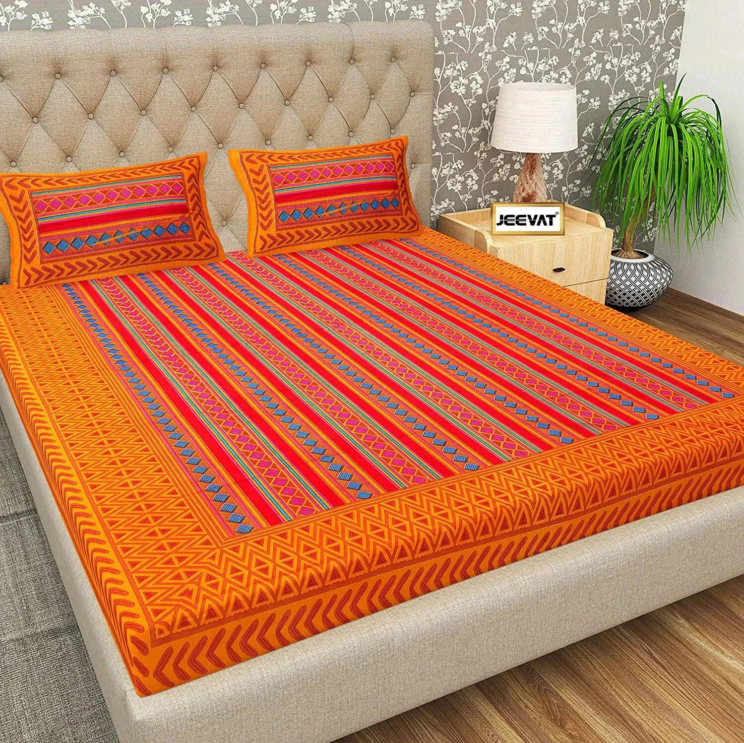 Jeevat Cotton Double Flat 144 TC Jaipuri Prints 1 Bedsheet with 2