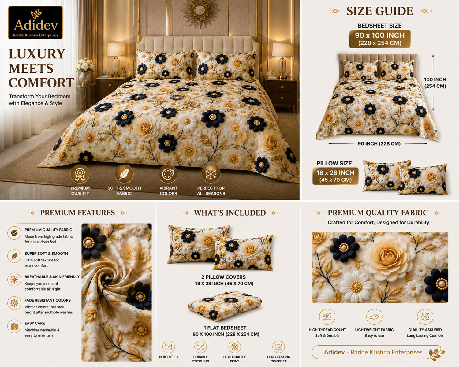 Image of Adidev Cotton Double, King Flat 410 TC Floral 1 Bedsheet