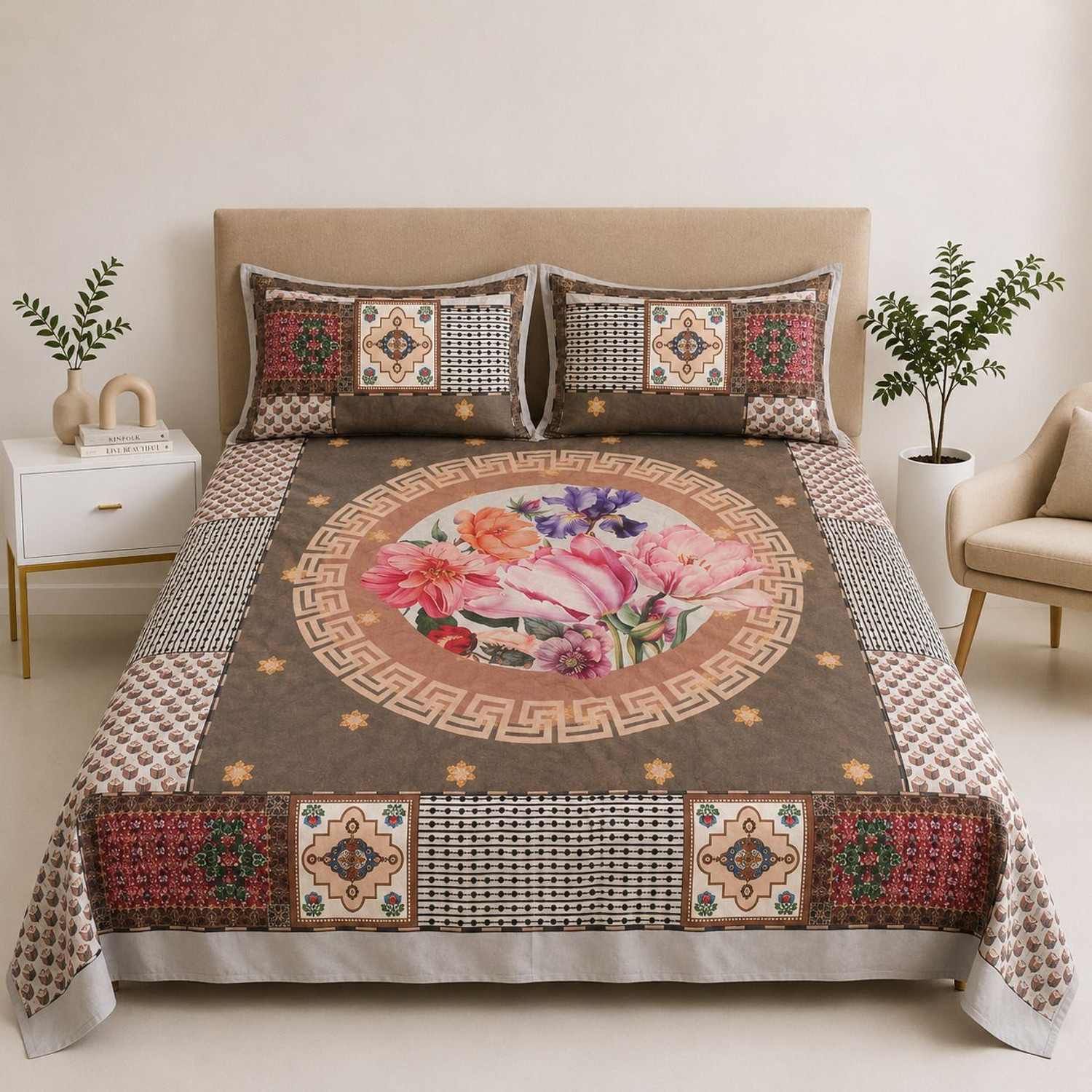 Image of real dream Cotton Double Flat 250 TC Floral 3 Summer Bedsheets with 2 Pillow Covers (Multicolor)
