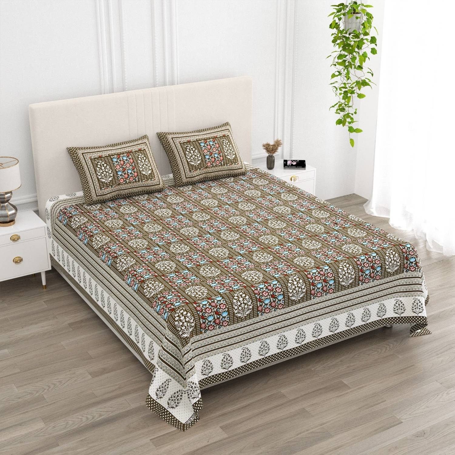 AASHRAE Cotton Queen Flat 250 TC Printed 1 AC Bedsheet with 2 Pillow Covers