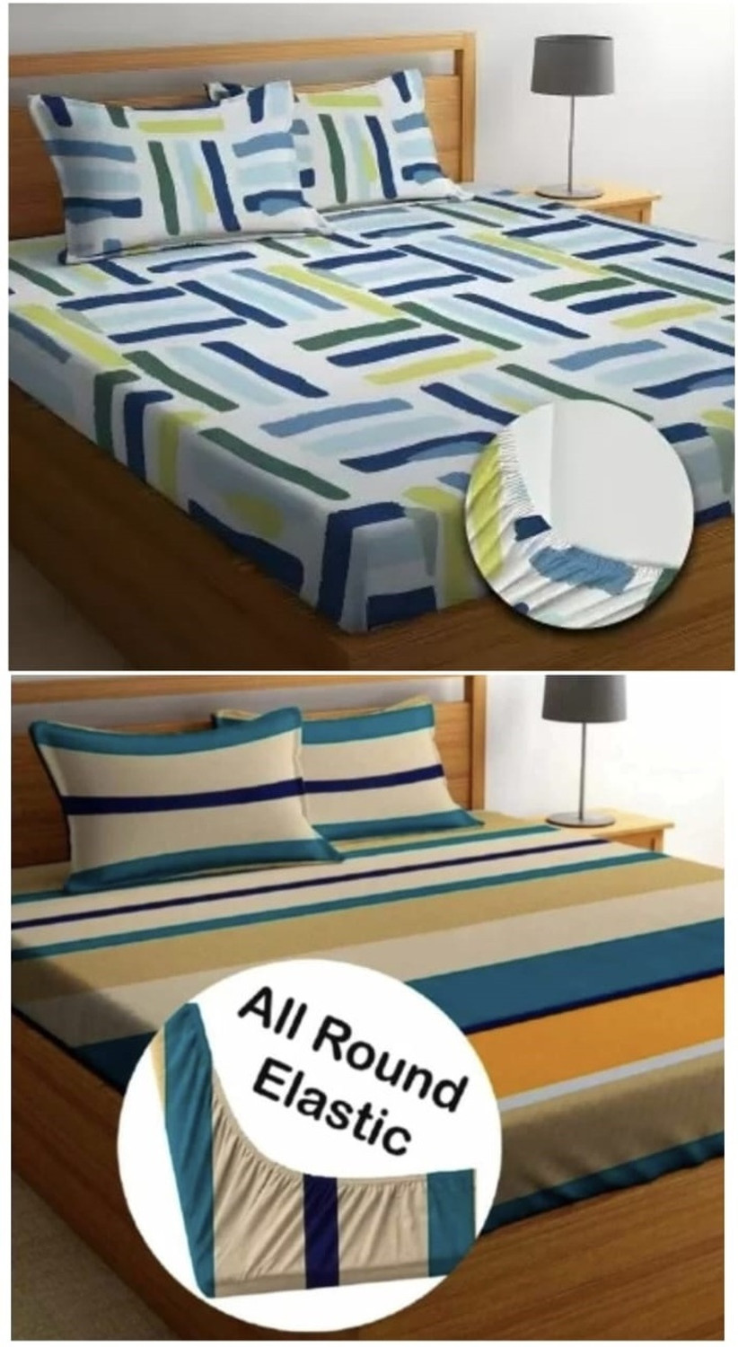 Image of KURRY HOME FURNISHING Cotton Double Fitted (Elastic) 210 TC Abstract 2 Bedsheets with 4 Pillow Covers