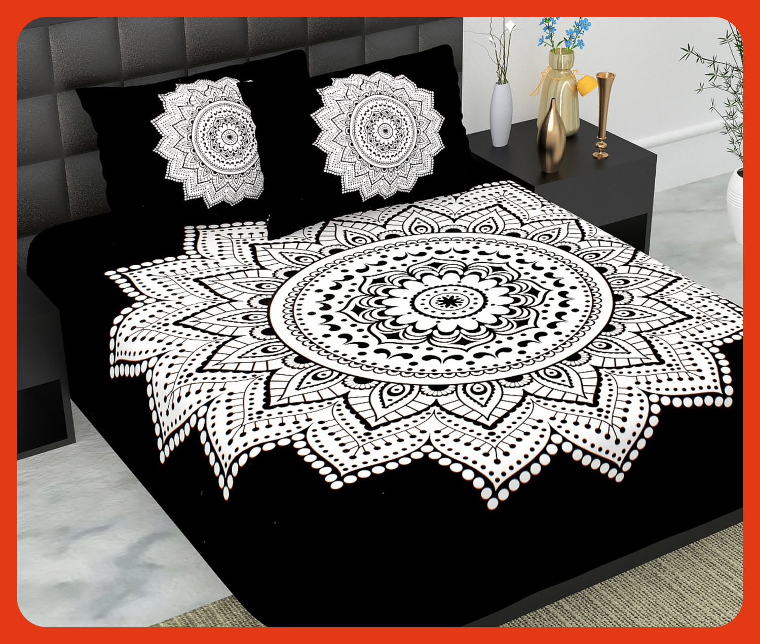 Image of JAIPUR PRINTS Cotton Double Flat 240 TC Jaipuri Prints 1 Bedsheet with 2 Pillow Covers