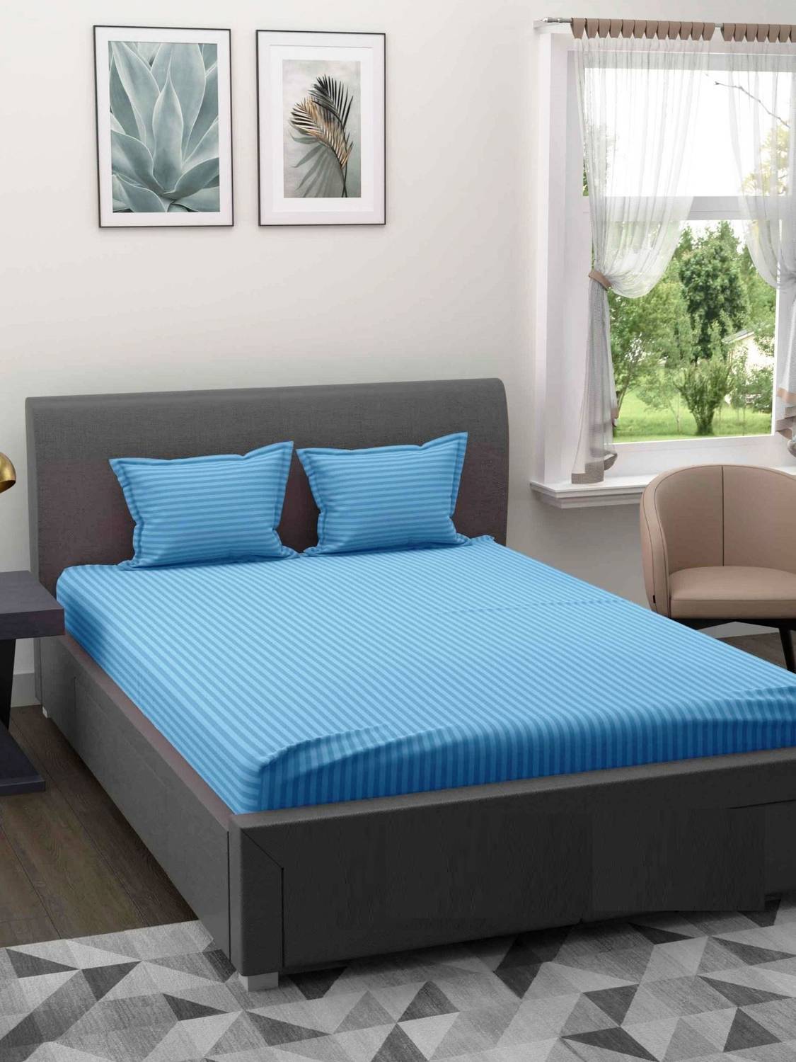 BROMWICK Microfiber Double Flat 300 TC Striped 1 Bedsheet with 2