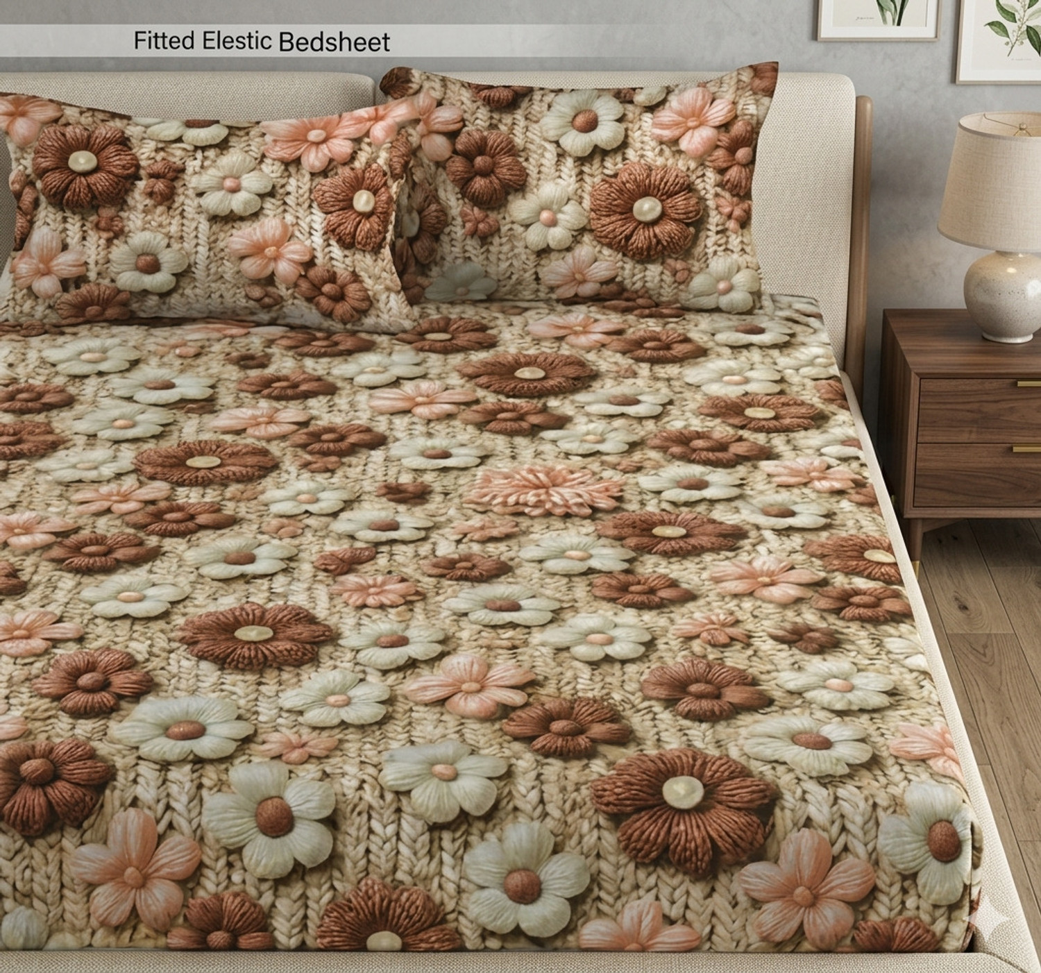Image of ruftree Cotton, Microfiber Double, King, Queen Fitted (Elastic) 350 TC 7D Digital 1 Summer Bedsheet with 2 Pillow Covers, 2 Cushion Covers
