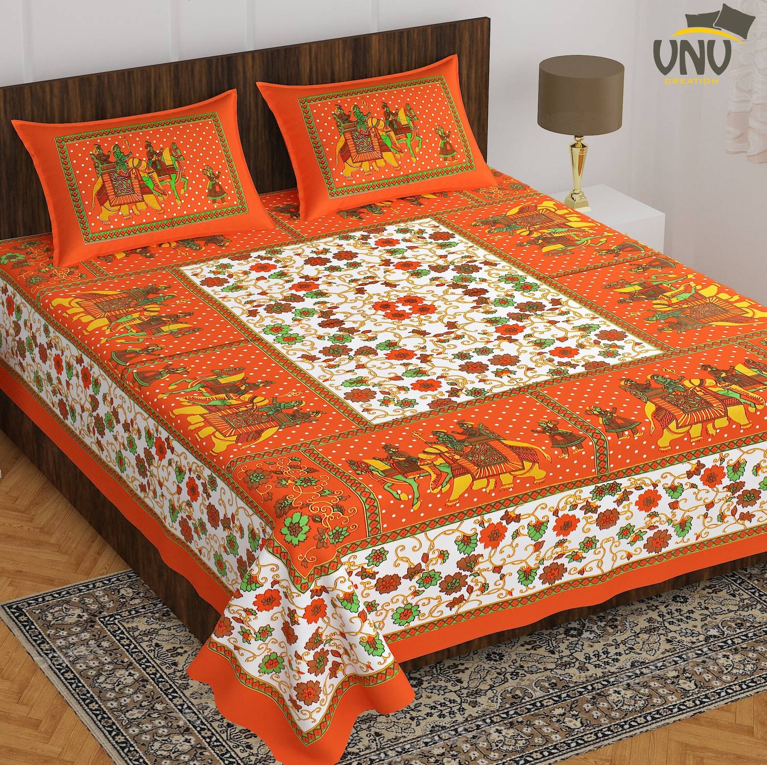VNV Creation Cotton Double Flat 144 TC Jaipuri Prints 1 Bedsheet