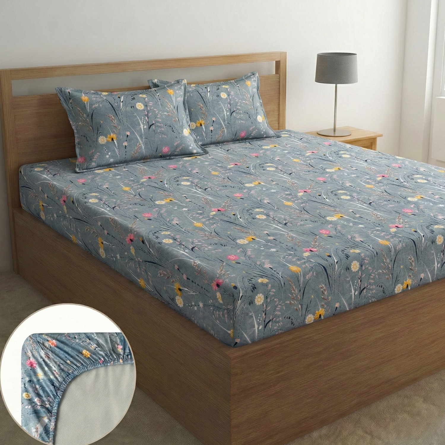 Image of Home Sizzler Microfiber Double Fitted (Elastic) 144 TC Abstract 1 Bedsheet with 2 Pillow Covers