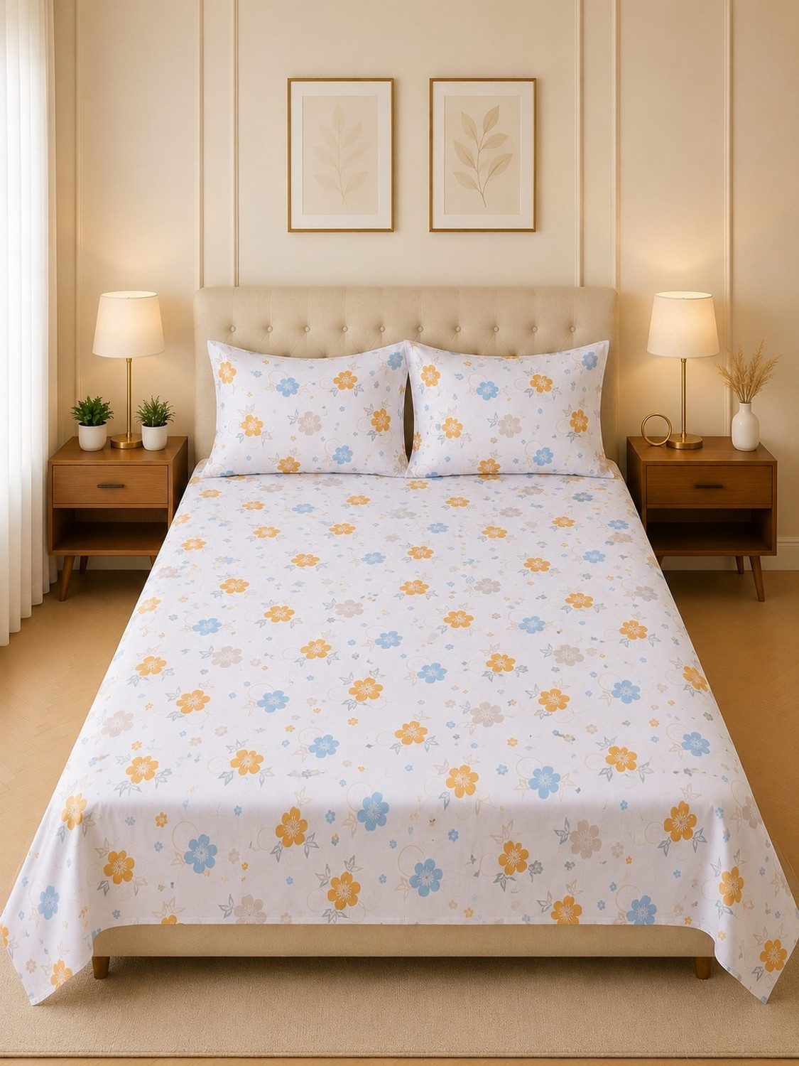Image of Flipkart SmartBuy Cotton King Flat 144 TC Printed 1 Bedsheet with 2 Pillow Covers