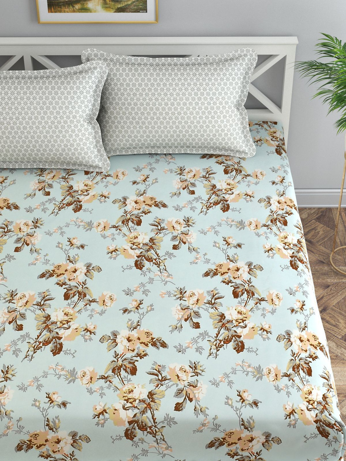 Image of Florida Cotton Super King Fitted (Elastic) 180 TC Floral 1 Bedsheet with 2 Pillow Covers